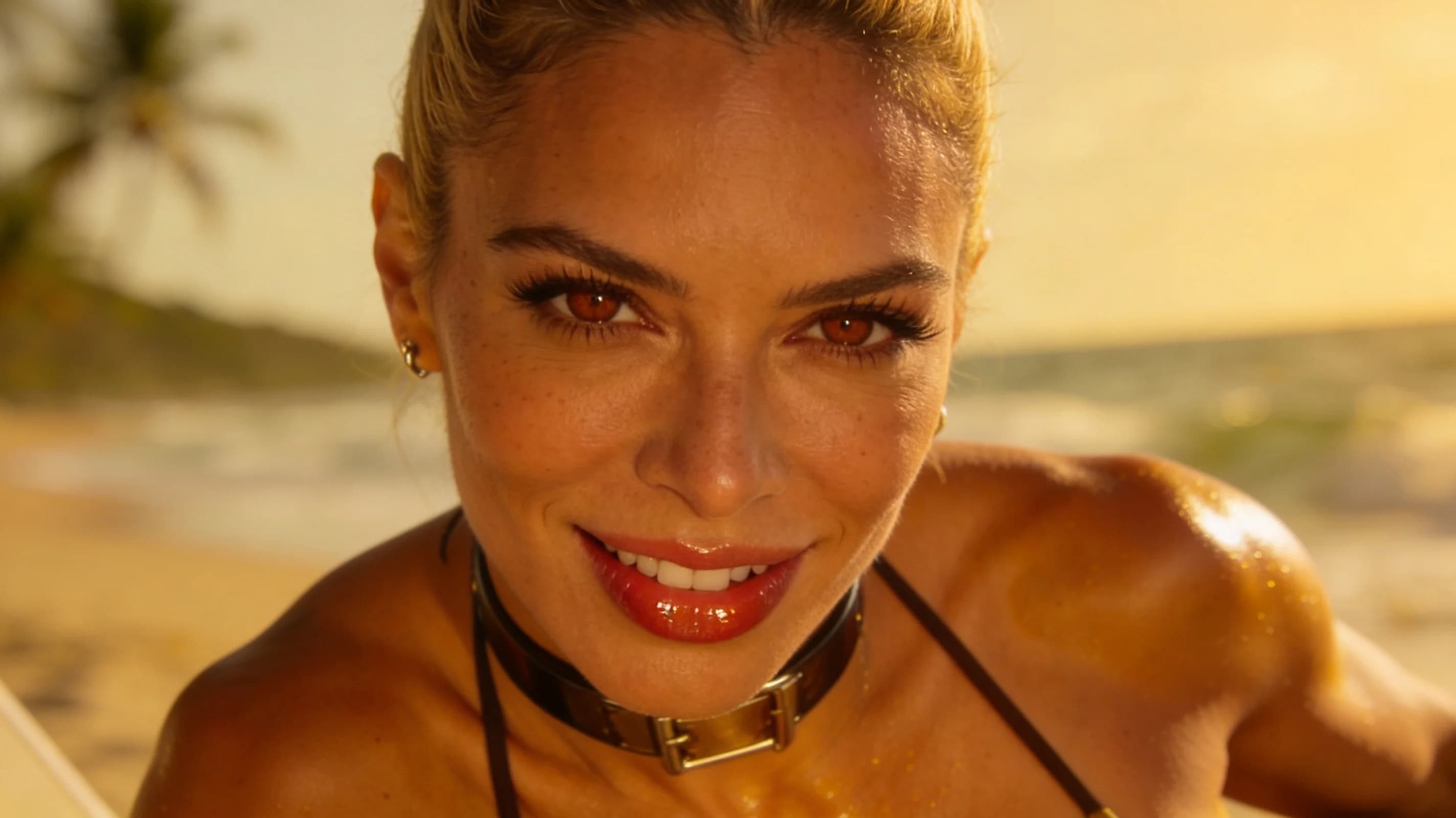 45-year-old muscular Latina woman with blonde hair styled in a tight bun and striking brown eyes, realistic style, tanning seductively on a sunny beach lounger with ocean waves and palm trees in soft background focus, kneeling in an elegant athletic squat pose with knees spread wide and back arched gracefully while stretching powerful legs and arms overhead in tense body mechanics with subtle muscle definition rippling across her toned athletic physique, skin sheen from sunscreen and light sweat glistening on her sun-kissed golden skin, wearing a stylish bikini that hugs her curves with thin fabric straining against her heaving breasts showing pert nipples with visible nipple piercings poking through, short sleek latex tennis skirt hiked up slightly for explicit nsfw genital visibility of her aroused labia glistening with wetness and trimmed pubic hair, fashionable choker around her neck and artistic tattoos swirling elegantly across her shoulders and thighs, crop top cropped high exposing firm abs and underboob, medium close-up portrait from a low front angle POV looking up at her intense direct eye contact with playful inviting lust, parted glossy lips and seductive smile, golden hour beach lighting casting warm glows and soft shadows highlighting body tension and arousal indicators like flushed skin and heaving chest, flawless anatomy, no extra digits, no extra limbs, realistic skin texture, high-detail.