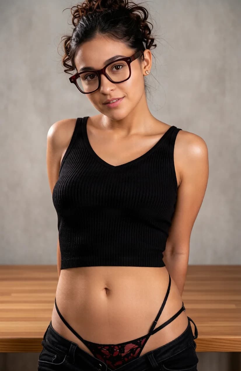 A 22-year-old Latina woman with a fit toned body, brunette curly hair pulled up, brown eyes, freckles across her cheeks, and wearing dark red glasses plus delicate jewelry, stands in a fuck-me pose leaning forward over a wooden desk with her black cut-off jean shorts pulled down to her thighs revealing a lacey red thong pulled aside to expose her trimmed pubic hair and glistening wet pussy from behind, wearing only a tight black crop top tank top with a deep V-neck and no bra so her perky breasts press against the desk surface, captured from a rear three-quarter angle with her head turned sharply over her shoulder making intense direct eye contact with seductive lust and biting her lower lip in a suggestive smile, soft dramatic office lighting highlighting skin sheen and muscle tension, nsfw explicit anatomical detail visible, Flawless anatomy, no extra digits, no extra limbs, realistic skin texture, high-detail.