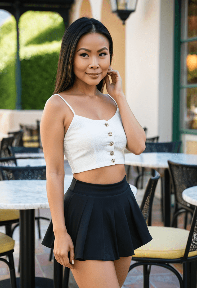 Wearing short black tennis skirt and a crop top shirt, portrait picture, looking at the viewer with a smile, wearing a light flowy summer dress, standing confidently, full body shot, dining at an elegant restaurant, at an upscale restaurant