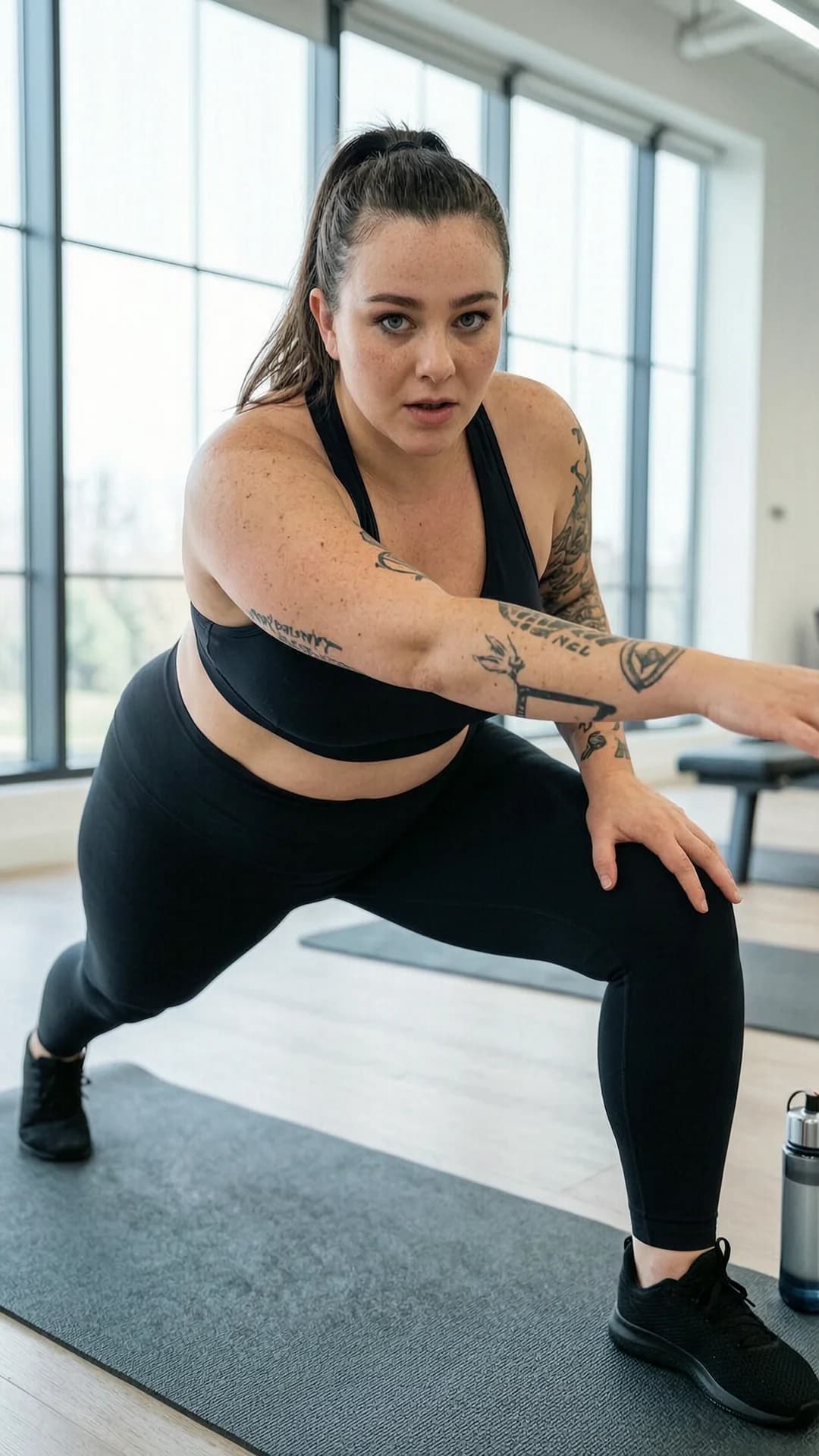 A 32-year-old Caucasian woman with brunette hair in a ponytail, blue eyes, chubby body type with soft curves and plush build, freckles across her cheeks and nose, and visible tattoos on her arms and shoulders, wearing form-fitting black yoga pants and a matching sports bra, stands in a deep side-lunge stretching pose on a yoga mat inside a modern gym with large windows, natural daylight illuminating the space, water bottle placed nearby on the floor, captured in a medium close-up from a three-quarter front angle with slight low POV, intense focused eye contact directed straight at viewer with determined and motivational expression, lips slightly parted in concentration, realistic style, fitness photography, motivational atmosphere, healthy lifestyle vibe, chubby physique with natural body physics and skin texture, Flawless anatomy, no extra digits, no extra limbs, realistic skin texture, high-detail.