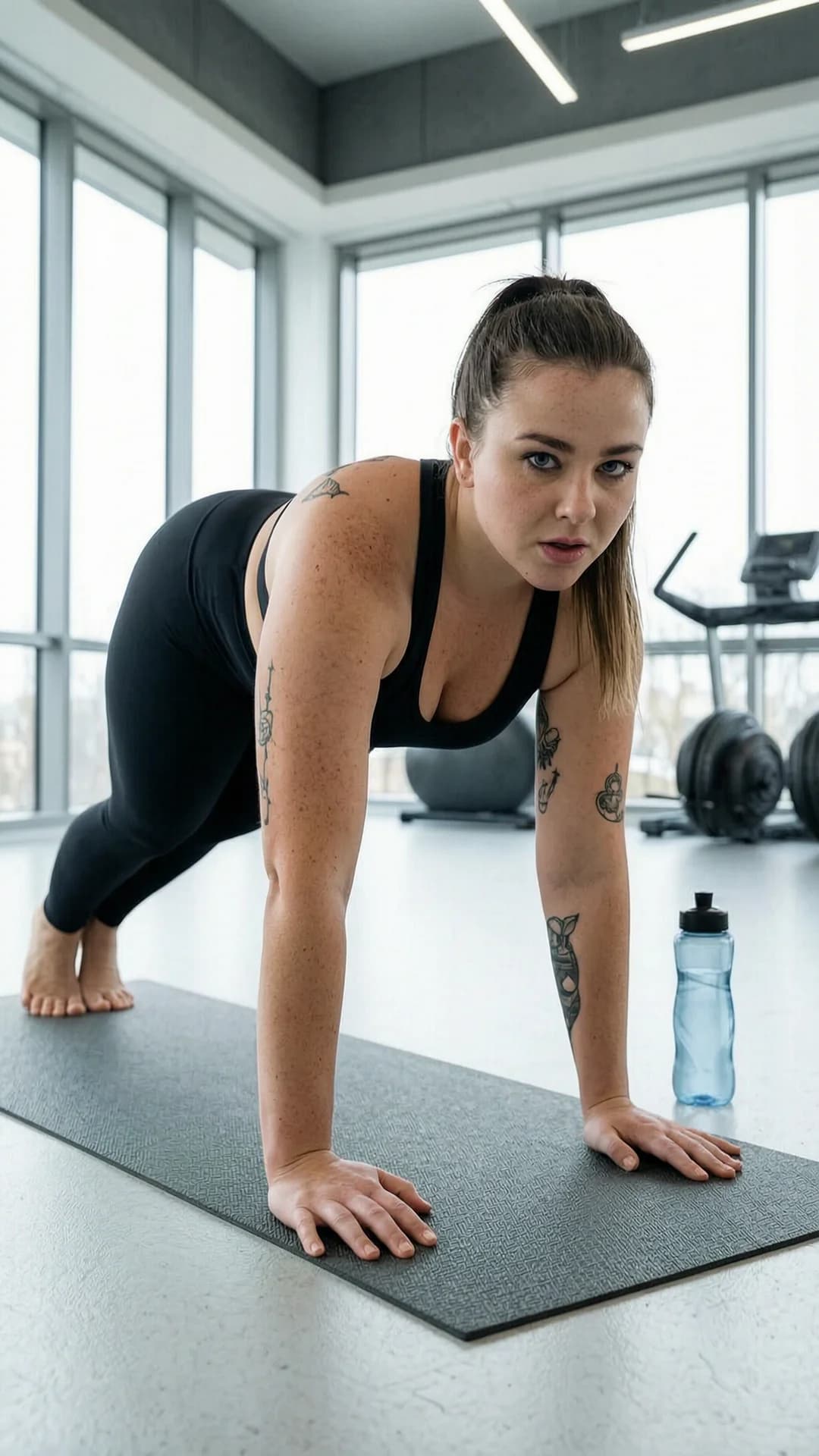 A 32-year-old Caucasian woman with brunette hair in a ponytail, blue eyes, chubby body type with soft curves and plush build, freckles across her cheeks and nose, and visible tattoos on her arms and shoulders, wearing form-fitting black yoga pants and a matching sports bra, stands in a downward dog stretching pose on a yoga mat inside a modern gym with large windows, natural daylight illuminating the space, water bottle placed nearby on the floor, captured in a medium close-up from a three-quarter front angle with slight low POV, intense focused eye contact directed straight at viewer with determined and motivational expression, lips slightly parted in concentration, chubby physique with natural body physics and skin texture, realistic style, fitness photography, motivational atmosphere, healthy lifestyle vibe, Flawless anatomy, no extra digits, no extra limbs, realistic skin texture, high-detail.