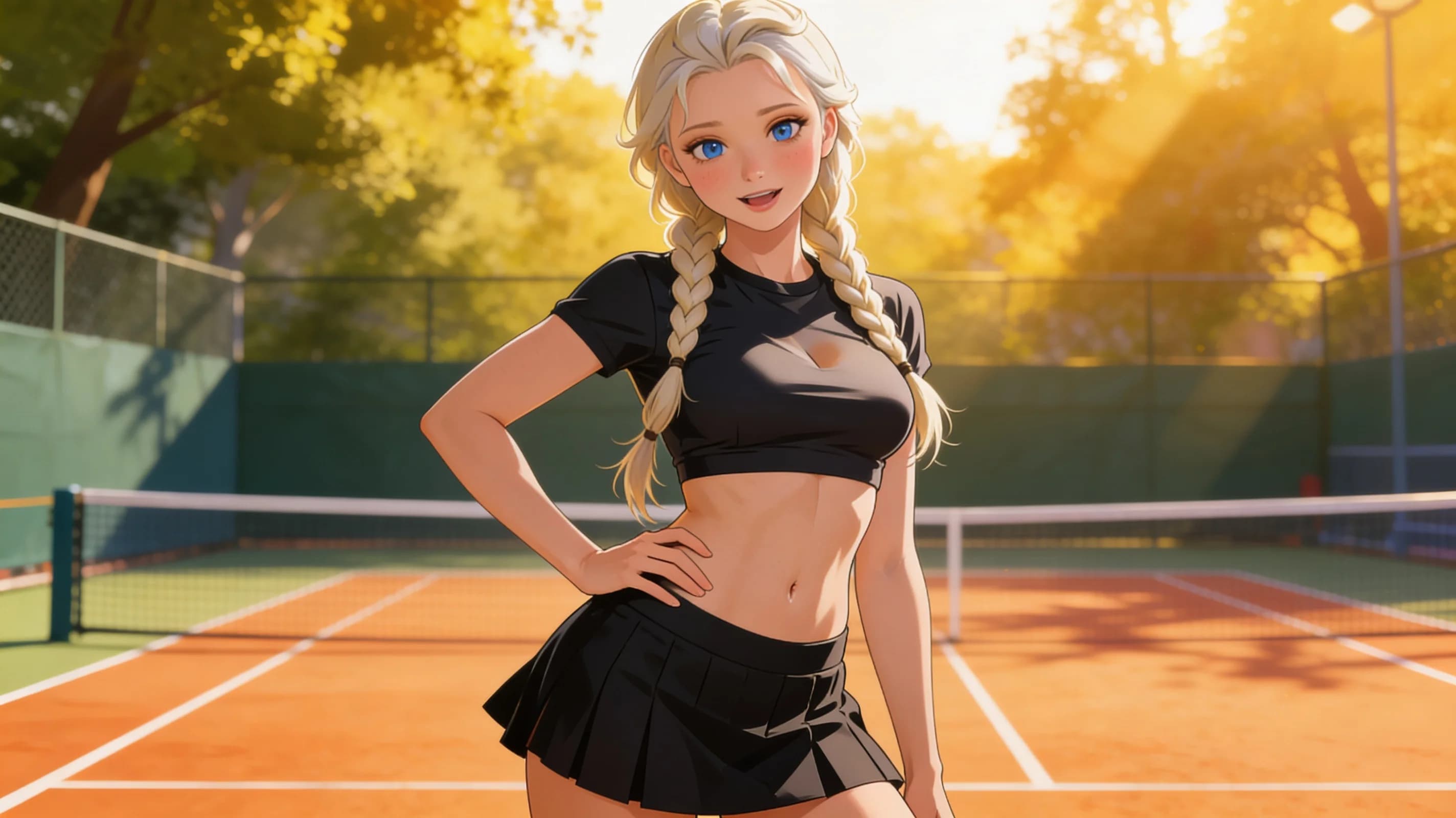 22-year-old caucasian woman with fit body type, long blonde braids, blue eyes, rosy cheeks, wearing a short black tennis skirt and tight crop top shirt that hugs her toned midriff, portrait shot from a straight-on medium close-up camera angle at eye level, standing confidently with hips slightly cocked and one hand on her waist, body physics showing perky breasts subtly outlined under the crop top with natural fabric tension, smooth skin sheen on her exposed abdomen, subtle blush marks on cheeks, smiling warmly at the viewer with direct eye contact full of playful charm and parted lips, vibrant outdoor tennis court setting in soft golden hour sunlight filtering through trees, dynamic shadows and highlights on clothing folds, lively and energetic mood, anime style, high-quality illustration, flawless anatomy, no extra digits, no extra limbs, detailed anime shading, high-quality illustration.
