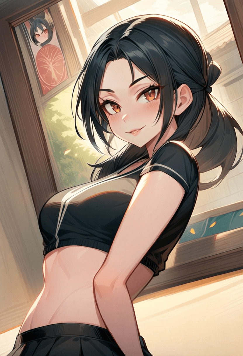 Wearing short black tennis skirt and a crop top shirt, portrait picture, looking at the viewer with a smile