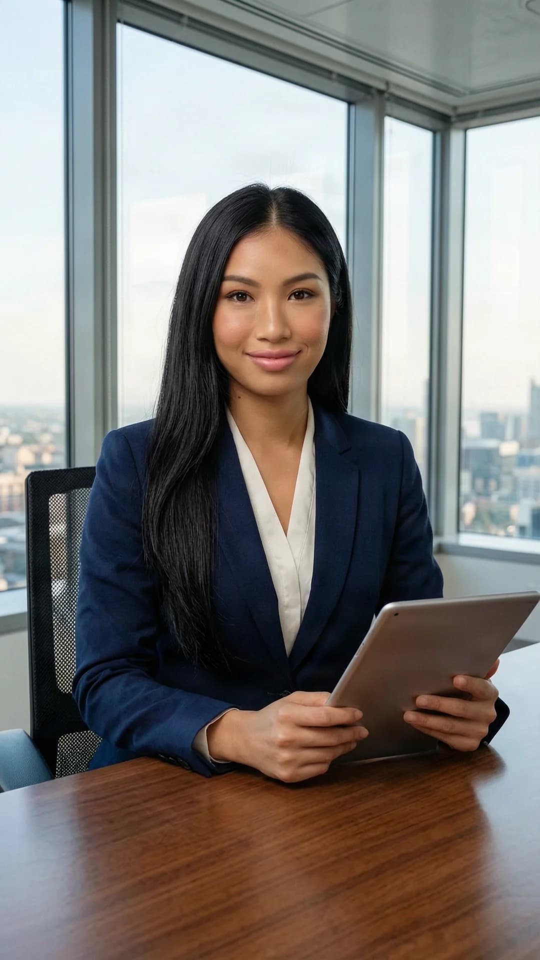 29-year-old Asian woman with straight black hair, brown eyes, fit body type, and sophisticated makeup, portrayed as a confident businesswoman in a tailored navy blue power suit, sitting upright at an executive desk in a modern corner office with a sweeping city skyline visible through floor-to-ceiling windows, professional headshot style, warm smile, holding a tablet in both hands, direct eye contact with a warm and assured expression, medium close-up from front angle, soft natural daylight illuminating the scene, realistic style, Flawless anatomy, no extra digits, no extra limbs, realistic skin texture, high-detail.