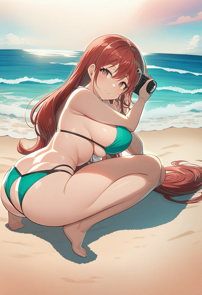 1girl, solo, asian woman, 24 years old, largebreasts, large butt, anime style, wearing stylish bikini, beach setting, sand, ocean waves, sunny day, kneeling pose, elegant position, full body, detailed face, long hair, seductive expression, high quality, vibrant colors, dynamic lighting