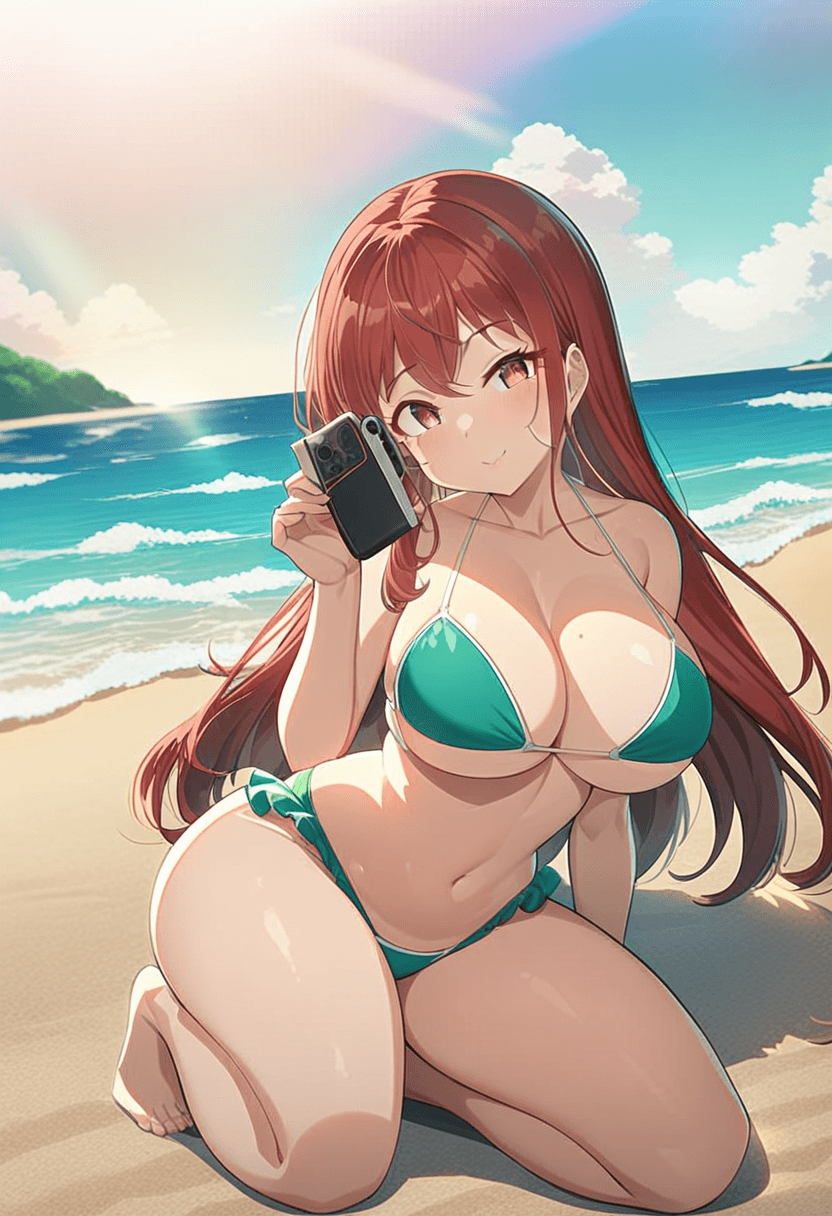 1girl, solo, asian woman, 24 years old, largebreasts, large butt, anime style, wearing stylish bikini, beach setting, sand, ocean waves, sunny day, kneeling pose, elegant position, full body, detailed face, long hair, seductive expression, high quality, vibrant colors, dynamic lighting