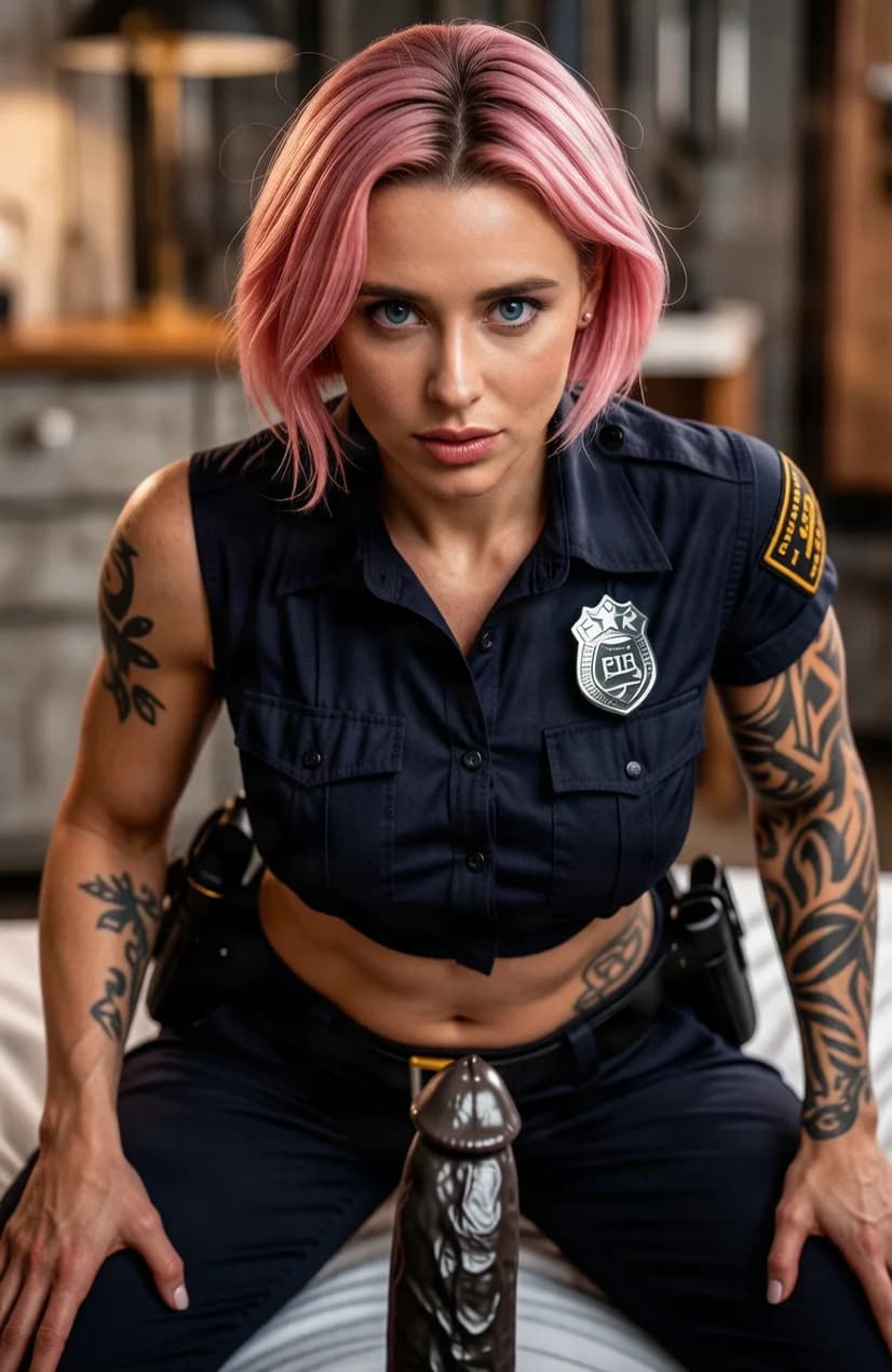 A 30-year-old muscular Caucasian woman with short pink hair, blue eyes, visible tattoos across her arms and torso, wearing a tight police uniform with pants and belt, kneeling dominantly on a rumpled bed, huge black strapon strapped firmly to her belt and pants, strict first-person POV from below looking up as she positions the thick strapon directly above the viewer ready to thrust, intense downward eye contact with commanding lust and parted lips, nsfw, explicit view of the veined black strapon shaft glistening, police badge glinting under dramatic bedroom lighting with deep shadows, body physics showing firm breasts pressing against the uniform shirt and powerful thighs spread wide, sweat-sheened skin, dominant mood, flawless anatomy, no extra digits, no extra limbs, realistic skin texture, high-detail.