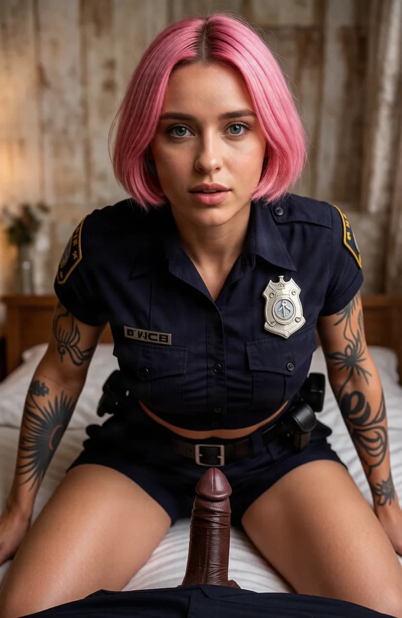 A 30-year-old muscular Caucasian woman with short pink hair, blue eyes, visible tattoos across her arms and torso, wearing a tight police uniform with pants and belt, kneeling dominantly on a rumpled bed, huge black strapon strapped firmly to her belt and pants, strict first-person POV from below looking up as she positions the thick strapon towards viewer, intense downward eye contact with commanding lust and parted lips, nsfw, explicit view of the veined black strapon shaft glistening, police badge glinting under dramatic bedroom lighting with deep shadows, body physics showing firm breasts pressing against the uniform shirt and powerful thighs spread wide, sweat-sheened skin, dominant mood, Flawless anatomy, no extra digits, no extra limbs, realistic skin texture, high-detail.
