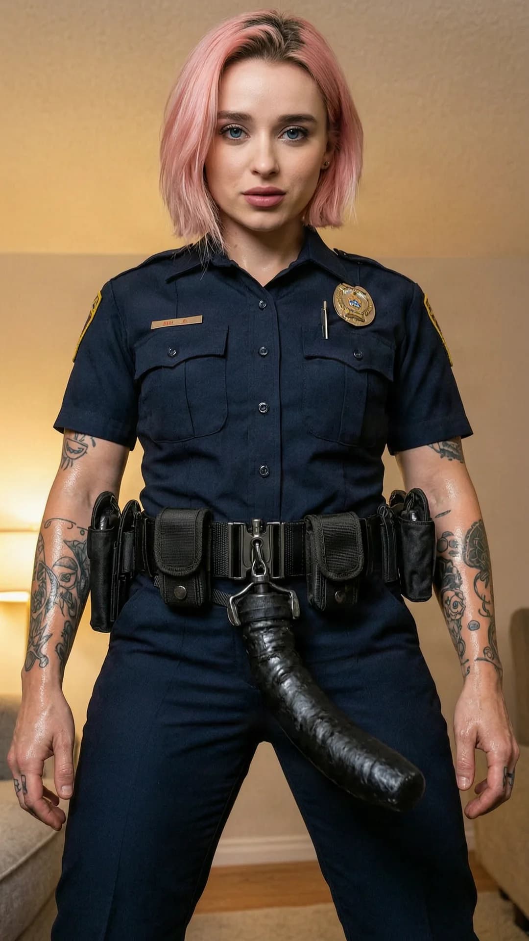 30-year-old Caucasian woman with short pink hair, blue eyes, muscular build and visible tattoos standing dominantly in realistic style fully dressed in a tight police uniform with badge and utility belt, a huge black strapon dildo strapped visibly to her belt and jutting forward, intense direct eye contact with dominant lust and parted lips, medium close-up from low angle POV looking up at her, comfortable home lighting highlighting her muscular arms and chest, body tension in her stance, nsfw explicit detail on the thick veined strapon shaft and harness straps against her uniform pants, skin sheen on exposed neck and hands, Flawless anatomy, no extra digits, no extra limbs, realistic skin texture, high-detail.