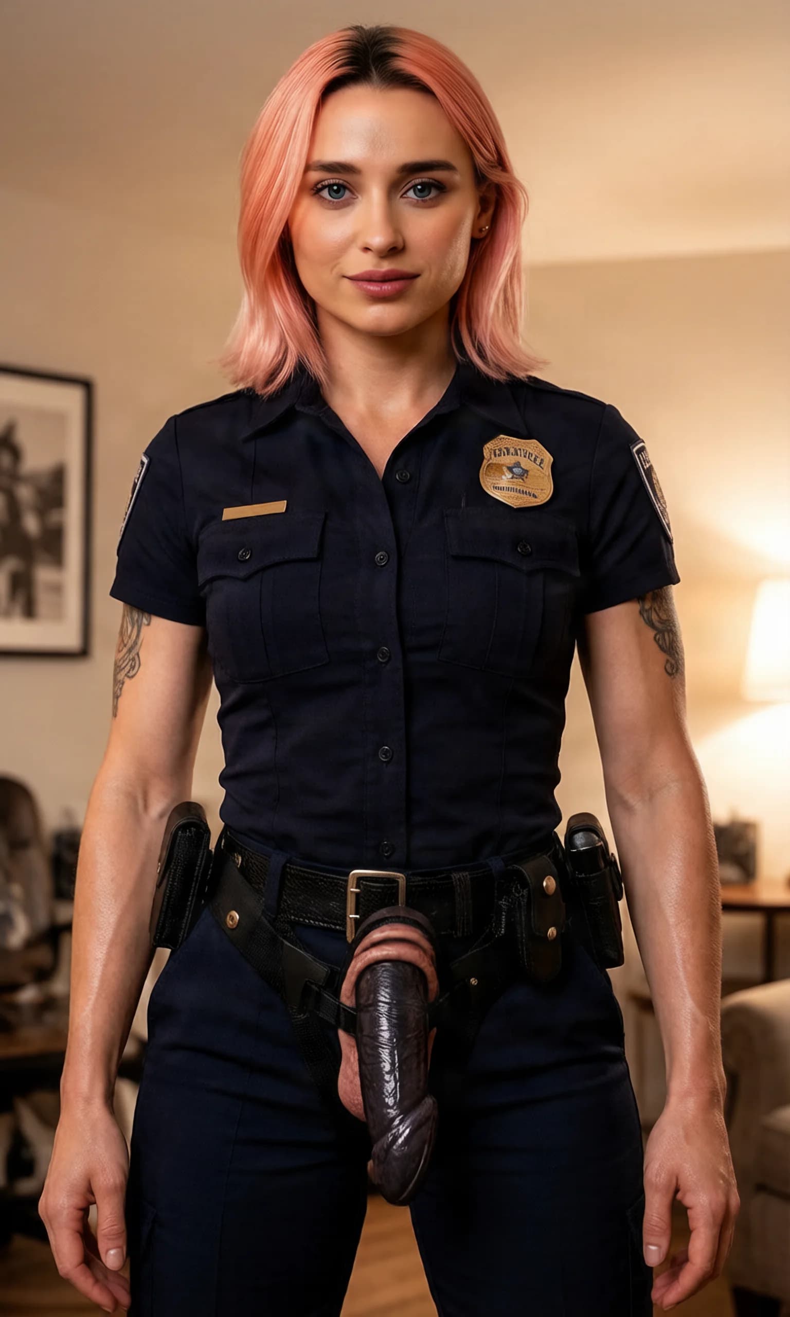 30-year-old Caucasian woman with short pink hair, blue eyes, muscular build, visible tattoos, standing dominantly in a realistic style fully dressed in a tight police uniform with badge and utility belt, a huge black strapon dildo strapped visibly to her belt and jutting forward, intense direct eye contact with dominant lust and parted lips, medium close-up from low angle POV looking up at her, comfortable home lighting highlighting her muscular arms and chest, body tension in her stance, nsfw explicit detail on the thick veined strapon shaft and harness straps against her uniform pants, skin sheen on exposed neck and hands, Flawless anatomy, no extra digits, no extra limbs, realistic skin texture, high-detail.