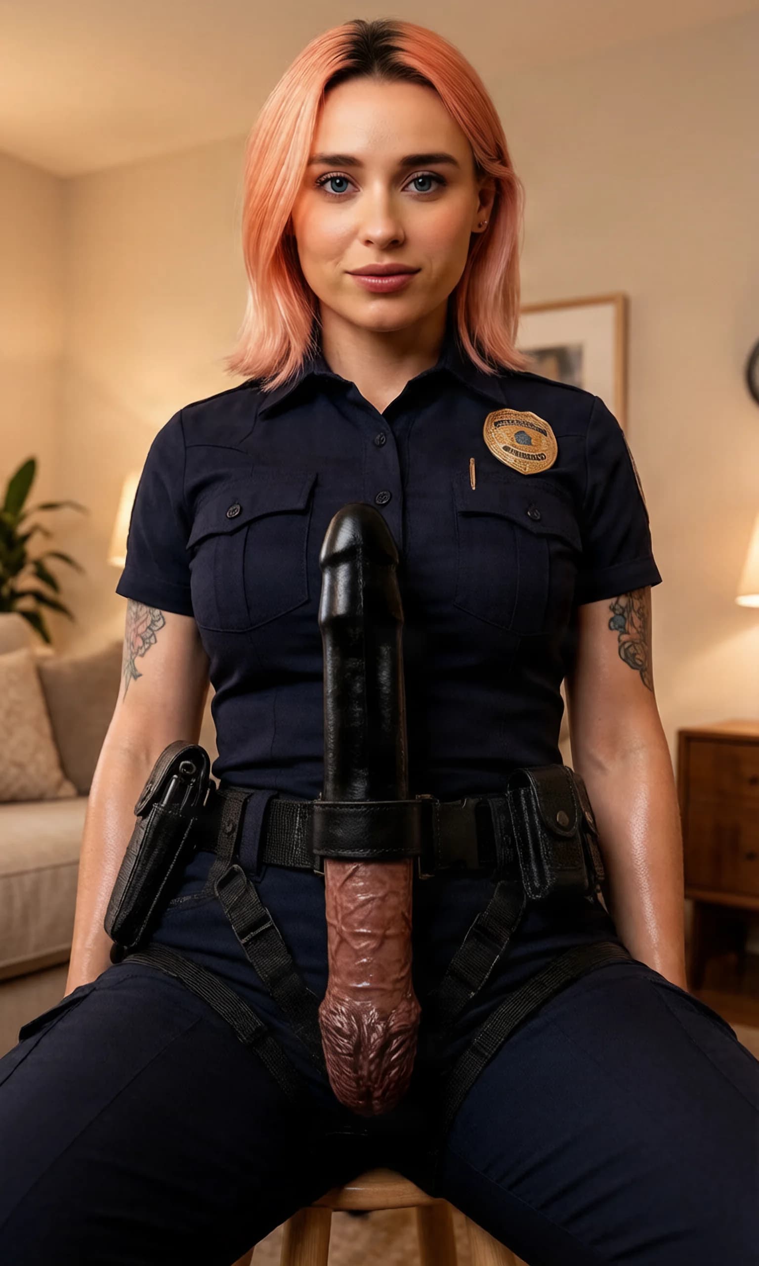 30-year-old Caucasian woman with short pink hair, blue eyes, muscular build, visible tattoos, standing dominantly in a realistic style fully dressed in a tight police uniform with badge and utility belt, a huge black strapon dildo strapped visibly to her belt and jutting forward, intense direct eye contact with dominant lust and parted lips, medium close-up from low angle POV looking up at her, comfortable home lighting highlighting her muscular arms and chest, body tension in her stance, nsfw explicit detail on the thick veined strapon shaft and harness straps against her uniform pants, skin sheen on exposed neck and hands, Flawless anatomy, no extra digits, no extra limbs, realistic skin texture, high-detail.