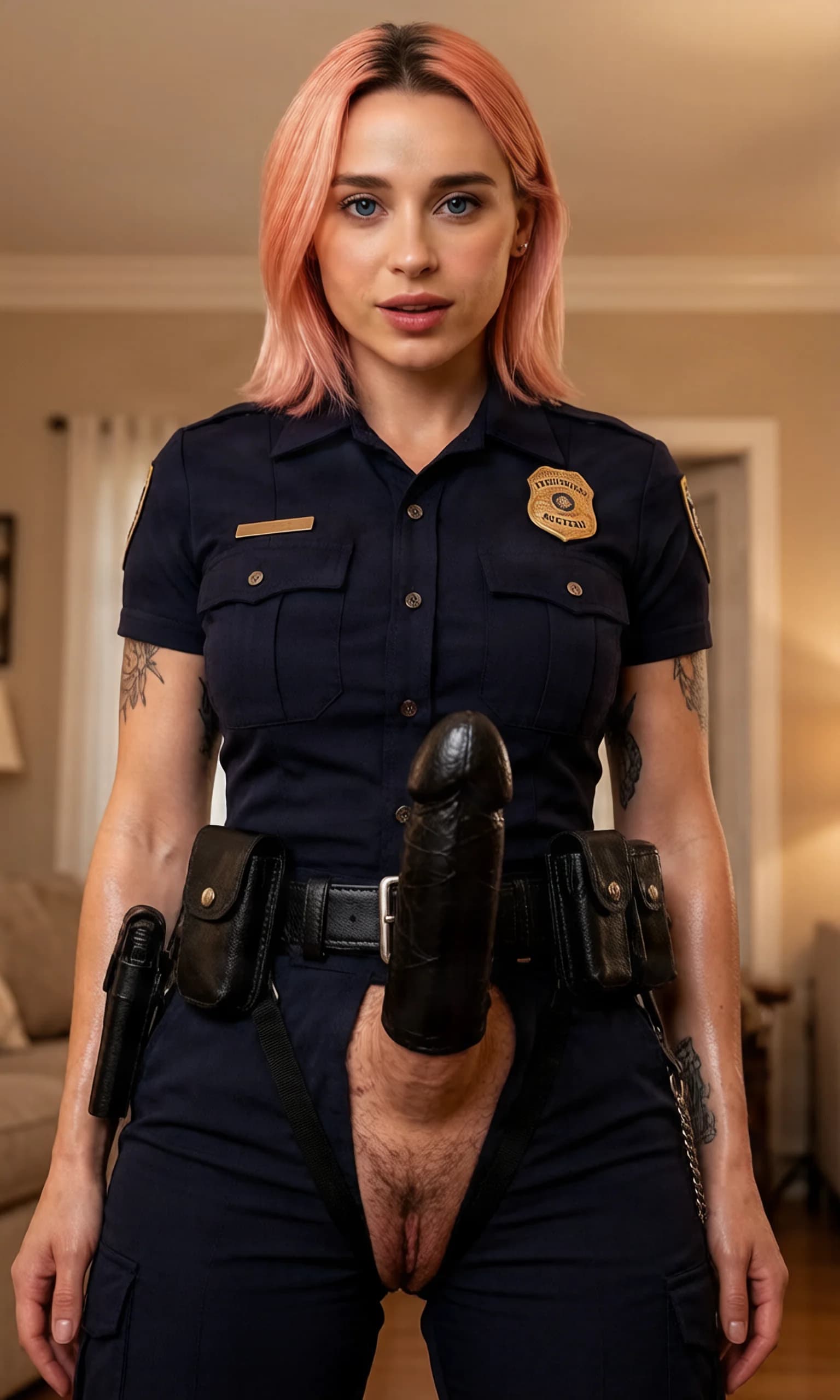 30-year-old Caucasian woman with short pink hair, blue eyes, muscular build, visible tattoos, standing dominantly in a realistic style fully dressed in a tight police uniform with badge and utility belt, a huge black strapon dildo strapped visibly to her belt and jutting forward, intense direct eye contact with dominant lust and parted lips, medium close-up from low angle POV looking up at her, comfortable home lighting highlighting her muscular arms and chest, body tension in her stance, nsfw explicit detail on the thick veined strapon shaft and harness straps against her uniform pants with visible pubic hair at the base, skin sheen on exposed neck and hands, Flawless anatomy, no extra digits, no extra limbs, realistic skin texture, high-detail.