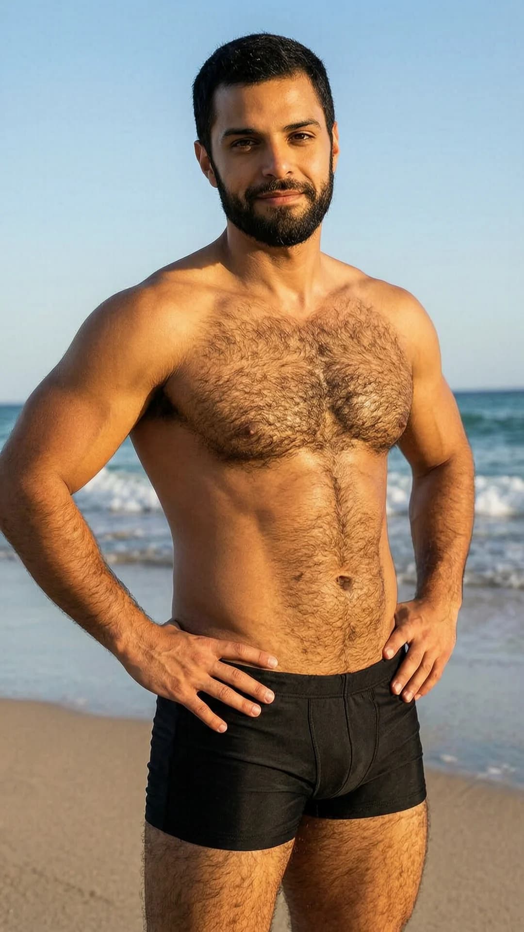 A 30-year-old Arabic man with muscular body type, short black hair, brown eyes, very hairy chest and full bearded face, standing confidently in tight black swim shorts that hug his hips with very hairy chest fully exposed, hands resting on his waist, at a sunny tropical beach with ocean waves in the background, natural golden hour lighting casting warm highlights on his skin and chest hair, medium close-up from a low angle looking up, direct intense eye contact with confident relaxed expression and slight smile, body slightly turned to show muscular torso and defined abs, skin with natural sheen from sunlight, Flawless anatomy, no extra digits, no extra limbs, realistic skin texture, high-detail.