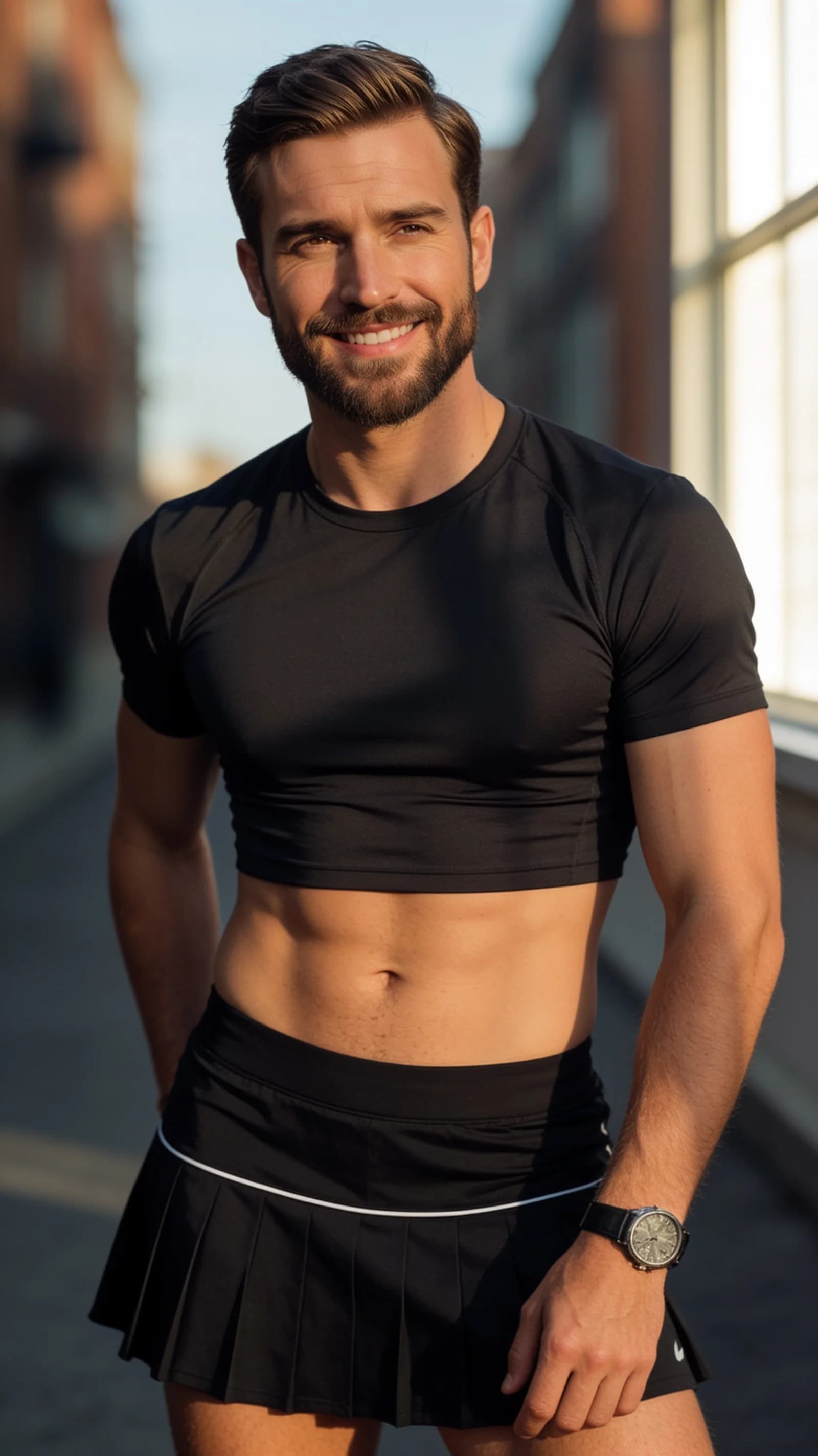 A 32-year-old Caucasian man with short brown hair, brown eyes, fit muscular build, short beard and wearing a watch, dressed in a short black tennis skirt and tight crop top shirt that exposes his midriff, realistic style close-up portrait from straight-on eye-level angle, standing with shoulders squared and hips slightly tilted, direct eye contact with the viewer and a warm genuine smile with lips curved upward, soft natural window lighting casting gentle shadows across his face and torso, detailed skin texture and fabric folds, flawless anatomy, no extra digits, no extra limbs, realistic skin texture, high-detail.