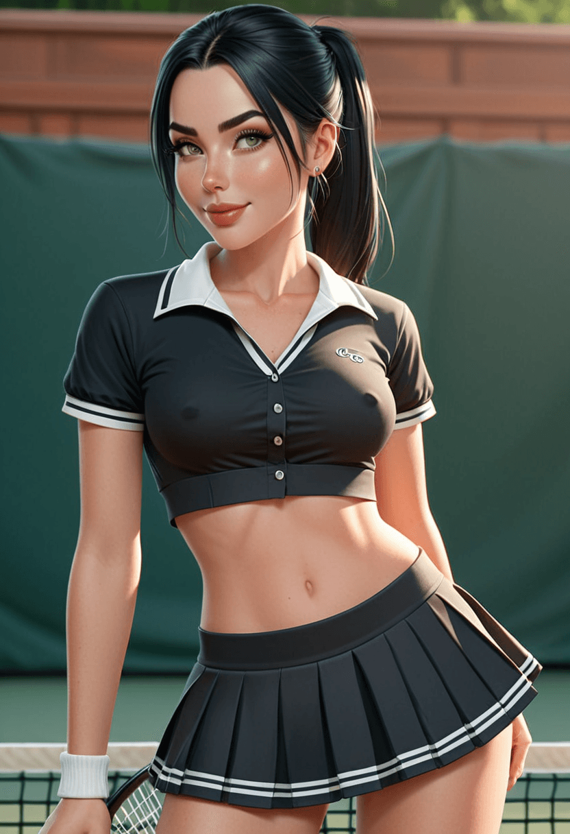 Wearing short black tennis skirt and a crop top shirt, portrait picture, looking at the viewer with a smile