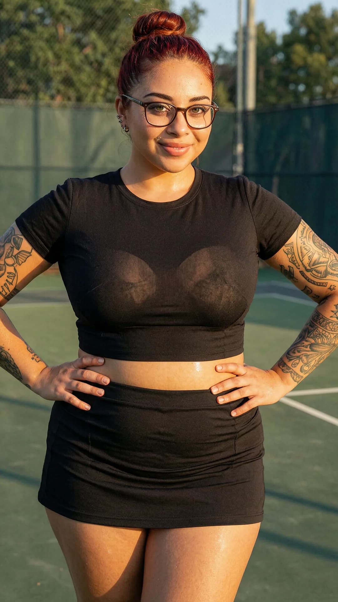 21-year-old Latina woman with chubby body type, red hair in a neat bun, green eyes, wearing glasses, intricate tattoos on her arms and torso, subtle nipple piercings visible through thin fabric, dressed in a short black tennis skirt that hugs her wide hips and a tight crop top shirt exposing her soft midriff and underboob, portrait shot from a straight-on medium close-up camera angle at eye level, standing confidently with shoulders back and hands on hips to accentuate her curves, body physics showing full heavy breasts straining against the crop top with visible piercings pressing outward, plump thighs slightly parted under the skirt, subtle skin sheen from light sweat on her warm olive-toned skin, bright outdoor tennis court setting in golden hour sunlight casting soft shadows and warm glow across her face, smiling playfully at the viewer with direct eye contact full of inviting warmth and mischief, lips slightly parted in a teasing grin, realistic style with high detail on facial features, fabric textures clinging to her voluptuous form, mood joyful and flirtatious, flawless anatomy, no extra digits, no extra limbs, realistic skin texture, high-detail.