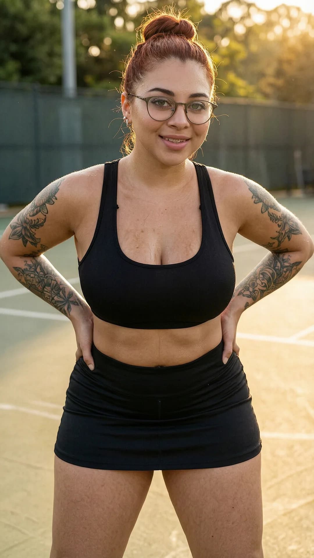21-year-old Latina woman with chubby body type, red hair in a neat bun, green eyes, wearing glasses, intricate tattoos on her arms and torso, subtle nipple piercings visible through thin fabric, dressed in a short black tennis skirt that hugs her wide hips and a tight crop top shirt exposing her soft midriff and underboob, portrait shot from a straight-on medium close-up camera angle at eye level, standing confidently with shoulders back and hands on hips to accentuate her curves, body physics showing full heavy breasts straining against the crop top with visible piercings pressing outward, plump thighs slightly parted under the skirt, subtle skin sheen from light sweat on her warm olive-toned skin, bright outdoor tennis court setting in golden hour sunlight casting soft shadows and warm glow across her face, smiling playfully at the viewer with direct eye contact full of inviting warmth and mischief, lips slightly parted in a teasing grin, realistic style with high detail on facial features, fabric textures clinging to her voluptuous form, mood joyful and flirtatious, flawless anatomy, no extra digits, no extra limbs, realistic skin texture, high-detail.