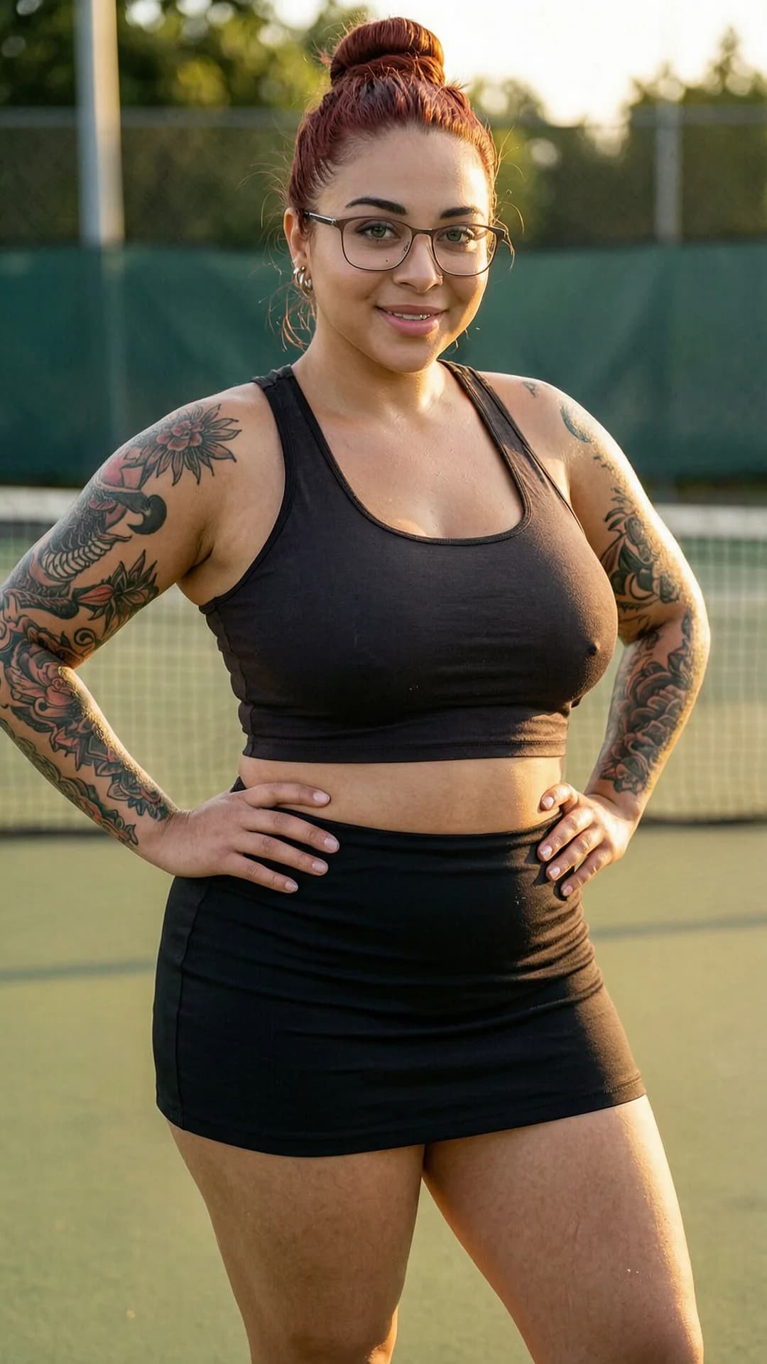 21-year-old Latina woman with chubby body type, red hair in a neat bun, green eyes, wearing glasses, intricate tattoos on her arms and torso, subtle nipple piercings visible through thin fabric, dressed in a short black tennis skirt that hugs her wide hips and a tight crop top shirt exposing her soft midriff and underboob, portrait shot from a straight-on medium close-up camera angle at eye level, standing confidently with shoulders back and hands on hips to accentuate her curves, body physics showing full heavy breasts straining against the crop top with visible piercings pressing outward, plump thighs slightly parted under the skirt, subtle skin sheen from light sweat on her warm olive-toned skin, bright outdoor tennis court setting in golden hour sunlight casting soft shadows and warm glow across her face, smiling playfully at the viewer with direct eye contact full of inviting warmth and mischief, lips slightly parted in a teasing grin, realistic style with high detail on facial features, fabric textures clinging to her voluptuous form, mood joyful and flirtatious, flawless anatomy, no extra digits, no extra limbs, realistic skin texture, high-detail.