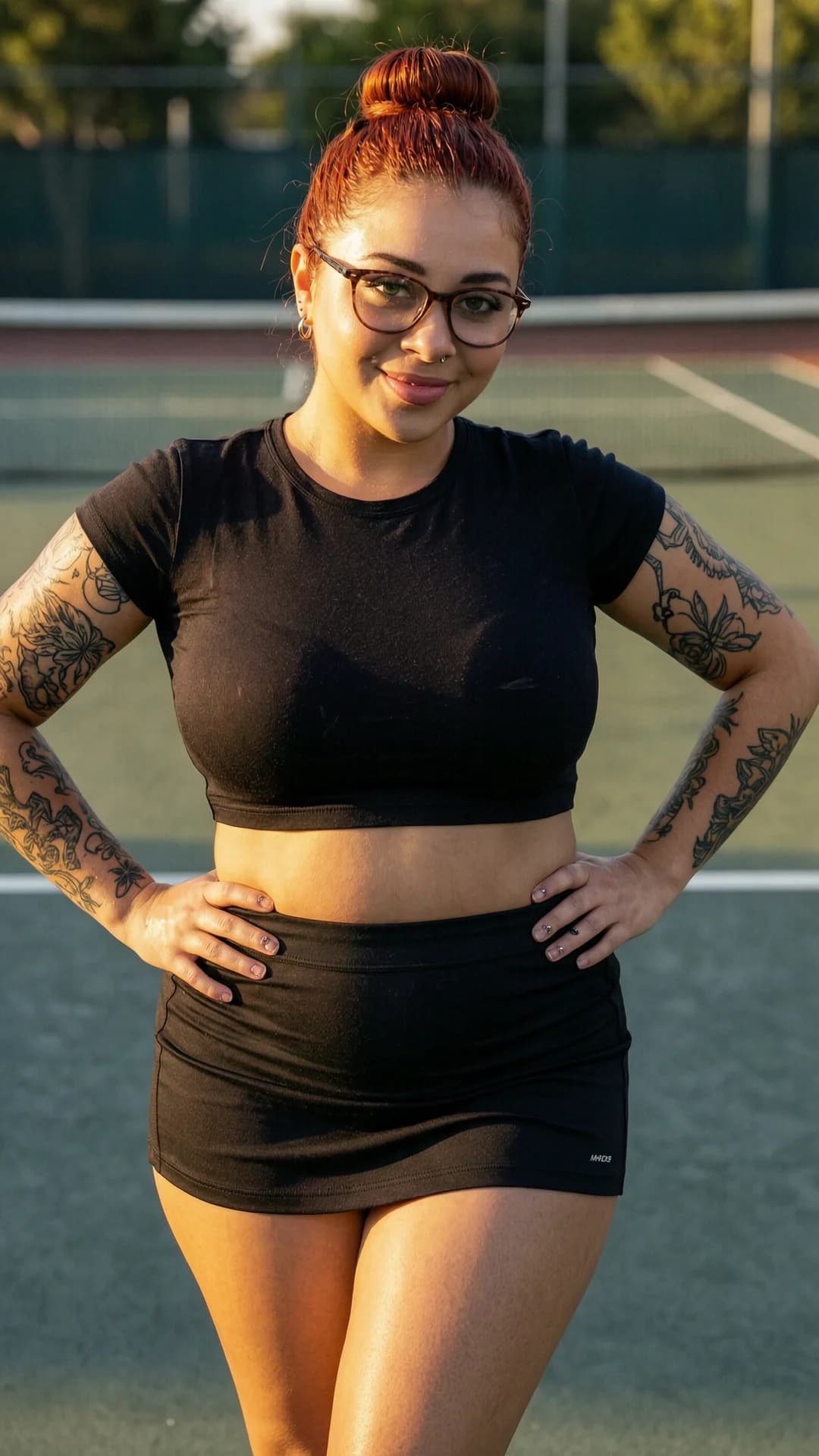 21-year-old Latina woman with chubby body type, red hair in a neat bun, green eyes, wearing glasses, intricate tattoos on her arms and torso, subtle nipple piercings visible through thin fabric, dressed in a short black tennis skirt that hugs her wide hips and a tight crop top shirt exposing her soft midriff and underboob, portrait shot from a straight-on medium close-up camera angle at eye level, standing confidently with shoulders back and hands on hips to accentuate her curves, body physics showing full heavy breasts straining against the crop top with visible piercings pressing outward, plump thighs slightly parted under the skirt, subtle skin sheen from light sweat on her warm olive-toned skin, bright outdoor tennis court setting in golden hour sunlight casting soft shadows and warm glow across her face, smiling playfully at the viewer with direct eye contact full of inviting warmth and mischief, lips slightly parted in a teasing grin, realistic style with high detail on facial features, fabric textures clinging to her voluptuous form, mood joyful and flirtatious, flawless anatomy, no extra digits, no extra limbs, realistic skin texture, high-detail.