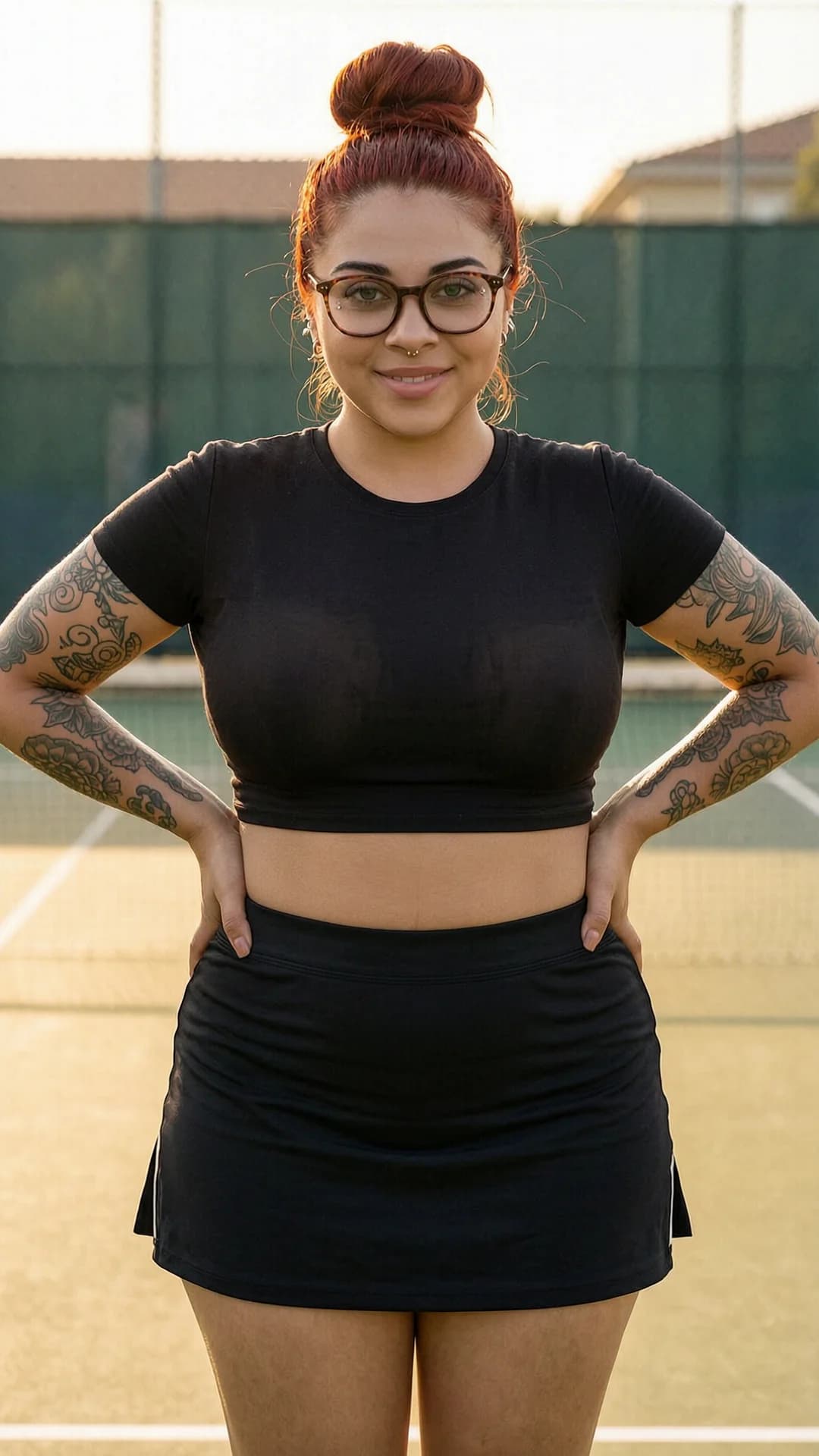 21-year-old Latina woman with chubby body type, red hair in a neat bun, green eyes, wearing glasses, intricate tattoos on her arms and torso, subtle nipple piercings visible through thin fabric, dressed in a short black tennis skirt that hugs her wide hips and a tight crop top shirt exposing her soft midriff and underboob, portrait shot from a straight-on medium close-up camera angle at eye level, standing confidently with shoulders back and hands on hips to accentuate her curves, body physics showing full heavy breasts straining against the crop top with visible piercings pressing outward, plump thighs slightly parted under the skirt, subtle skin sheen from light sweat on her warm olive-toned skin, bright outdoor tennis court setting in golden hour sunlight casting soft shadows and warm glow across her face, smiling playfully at the viewer with direct eye contact full of inviting warmth and mischief, lips slightly parted in a teasing grin, realistic style with high detail on facial features, fabric textures clinging to her voluptuous form, mood joyful and flirtatious, flawless anatomy, no extra digits, no extra limbs, realistic skin texture, high-detail.