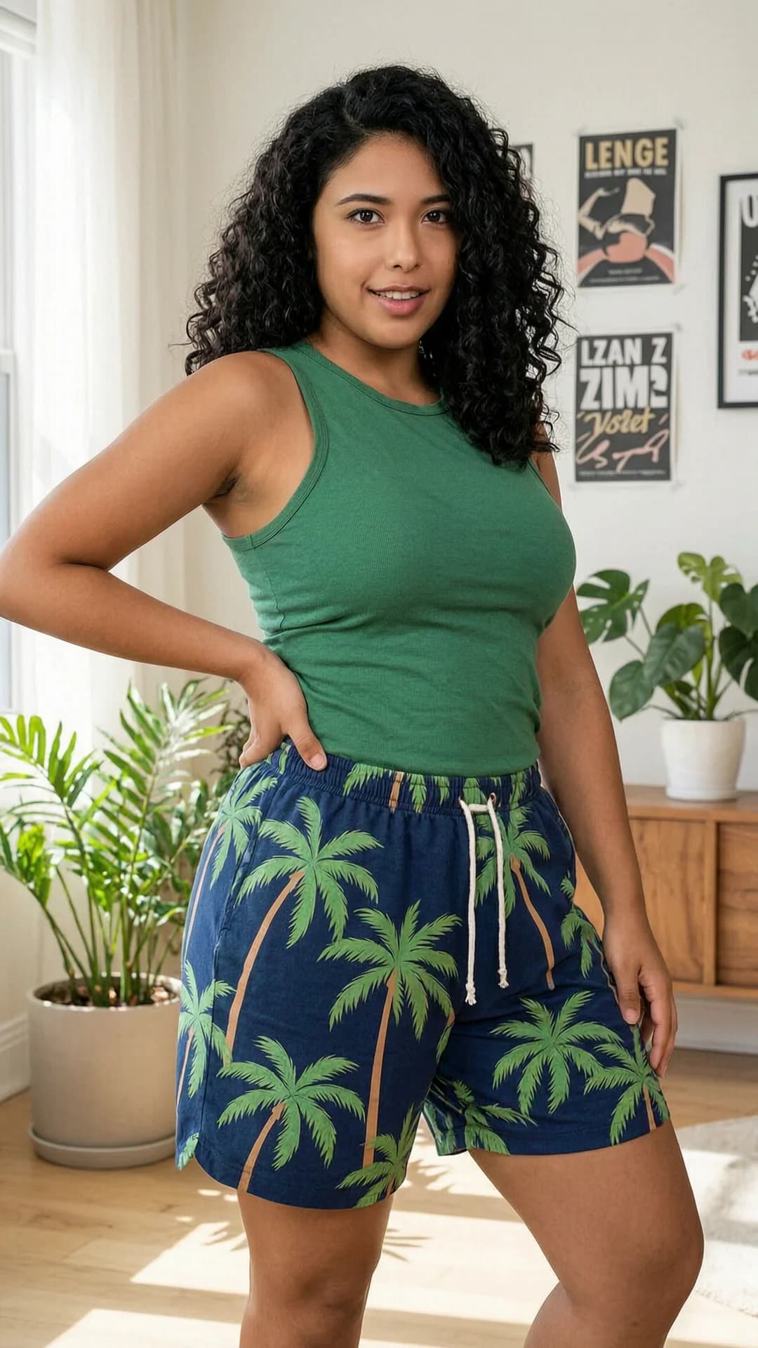 22-year-old Latina woman with chubby body type, curly black hair, brown eyes, wearing oversized baggy gym shorts down to her knees featuring a repeating palm tree pattern and a fitted green tank top, standing in a sunlit modern apartment with ironic Gen Z wall posters and plants, body slightly tilted with one hand on hip and weight shifted to one leg in a playful stance, smiling with flirty pose and expression, intense direct eye contact with seductive playful lust and lips parted, soft natural window lighting casting gentle shadows on her skin, realistic style, medium close-up from front angle, Flawless anatomy, no extra digits, no extra limbs, realistic skin texture, high-detail.