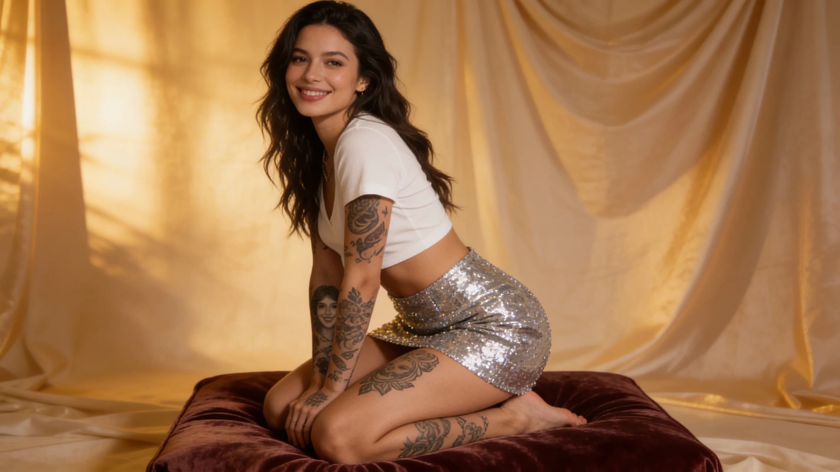 Wearing short black tennis skirt and a crop top shirt, portrait picture, looking at the viewer with a smile, wearing a fashionable mini skirt, kneeling pose, elegant position, tanning on a beach lounger, with artistic tattoos, wearing a fashionable choker, in a cozy bedroom setting, wearing a stylish bikini on the beach, wearing a stylish fitted jumpsuit, stretching gracefully, squatting position, athletic pose