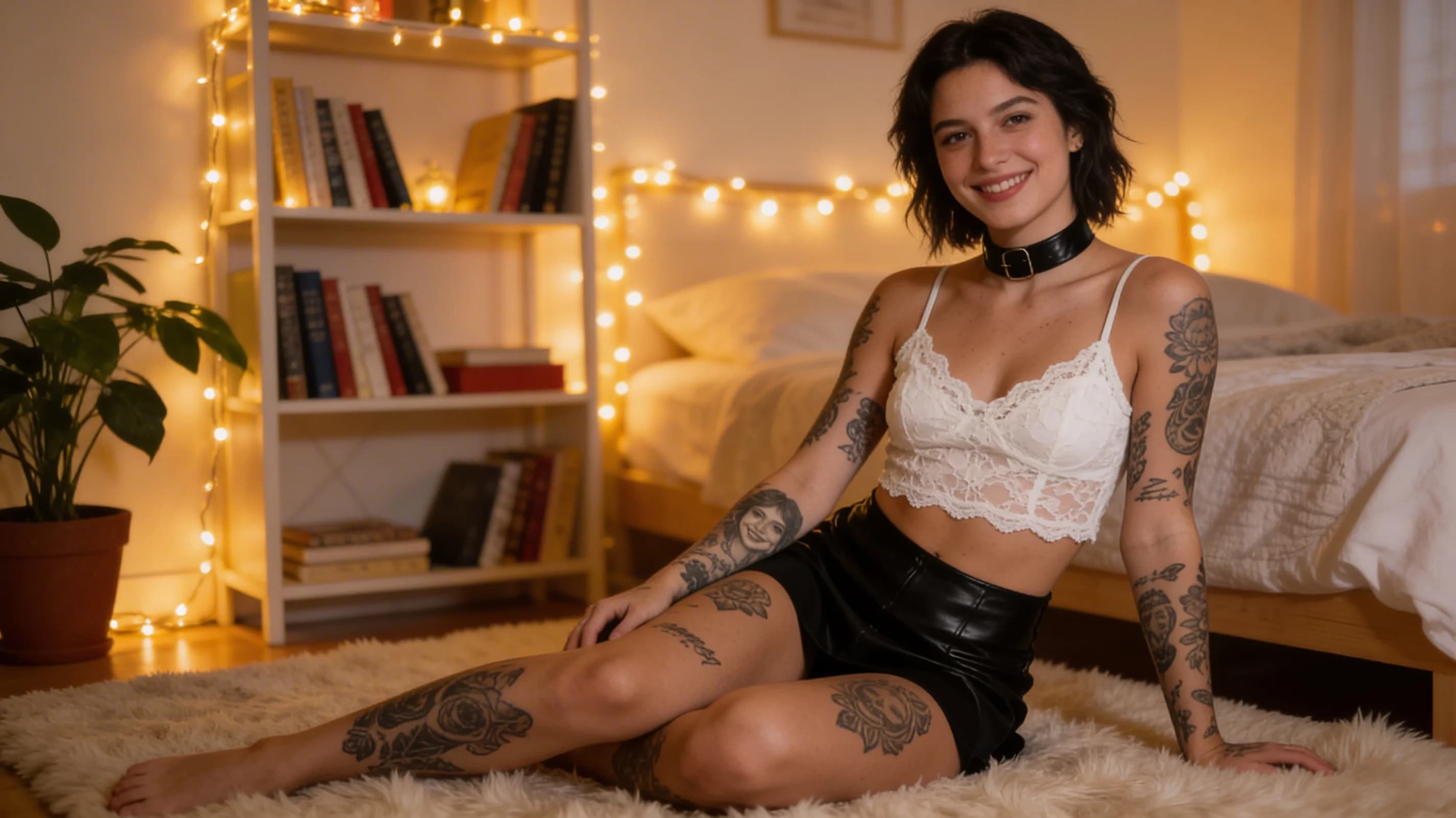 Wearing short black tennis skirt and a crop top shirt, portrait picture, looking at the viewer with a smile, wearing a fashionable mini skirt, kneeling pose, elegant position, tanning on a beach lounger, with artistic tattoos, wearing a fashionable choker, in a cozy bedroom setting, wearing a stylish bikini on the beach, wearing a stylish fitted jumpsuit, stretching gracefully, squatting position, athletic pose