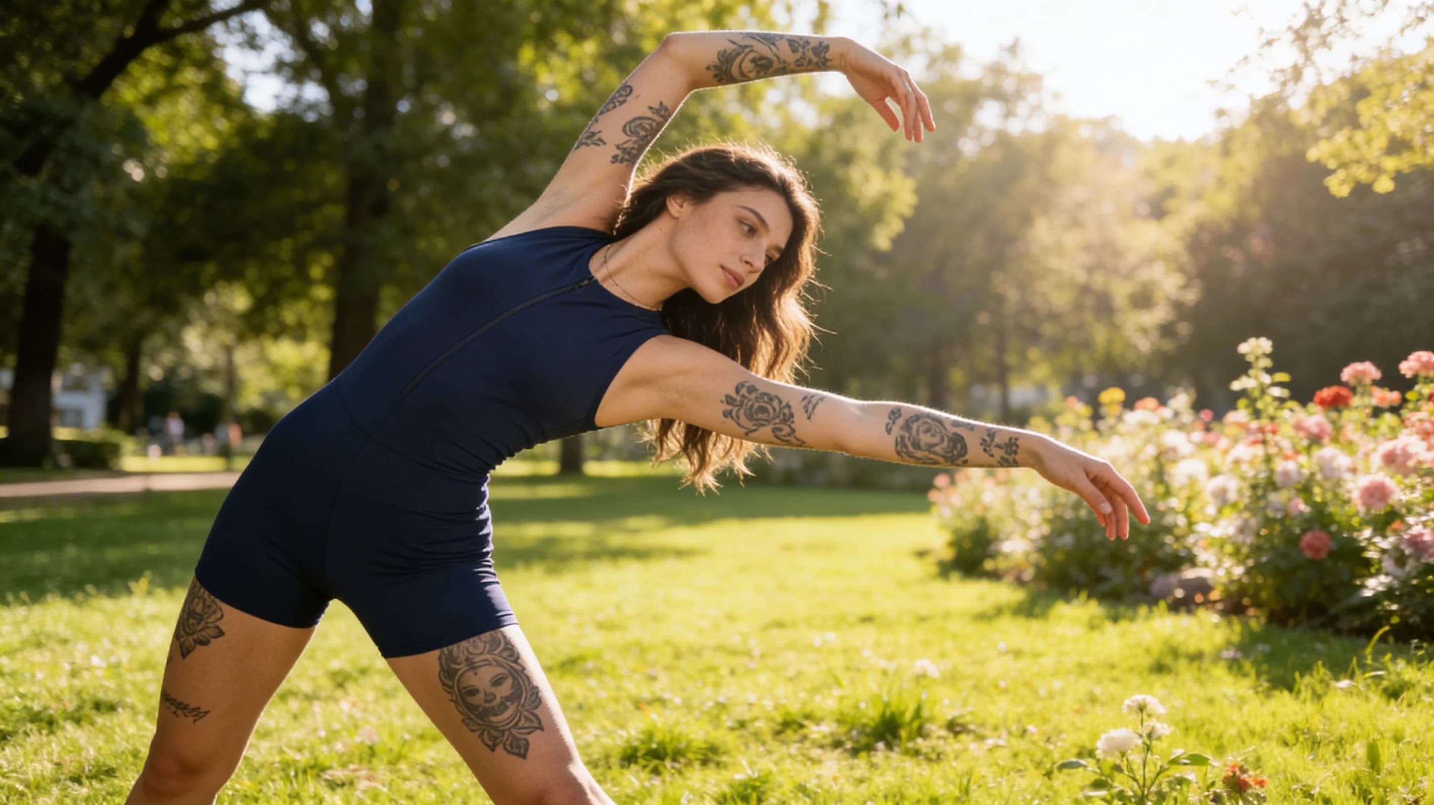 Wearing short black tennis skirt and a crop top shirt, portrait picture, looking at the viewer with a smile, wearing a fashionable mini skirt, kneeling pose, elegant position, tanning on a beach lounger, with artistic tattoos, wearing a fashionable choker, in a cozy bedroom setting, wearing a stylish bikini on the beach, wearing a stylish fitted jumpsuit, stretching gracefully, squatting position, athletic pose