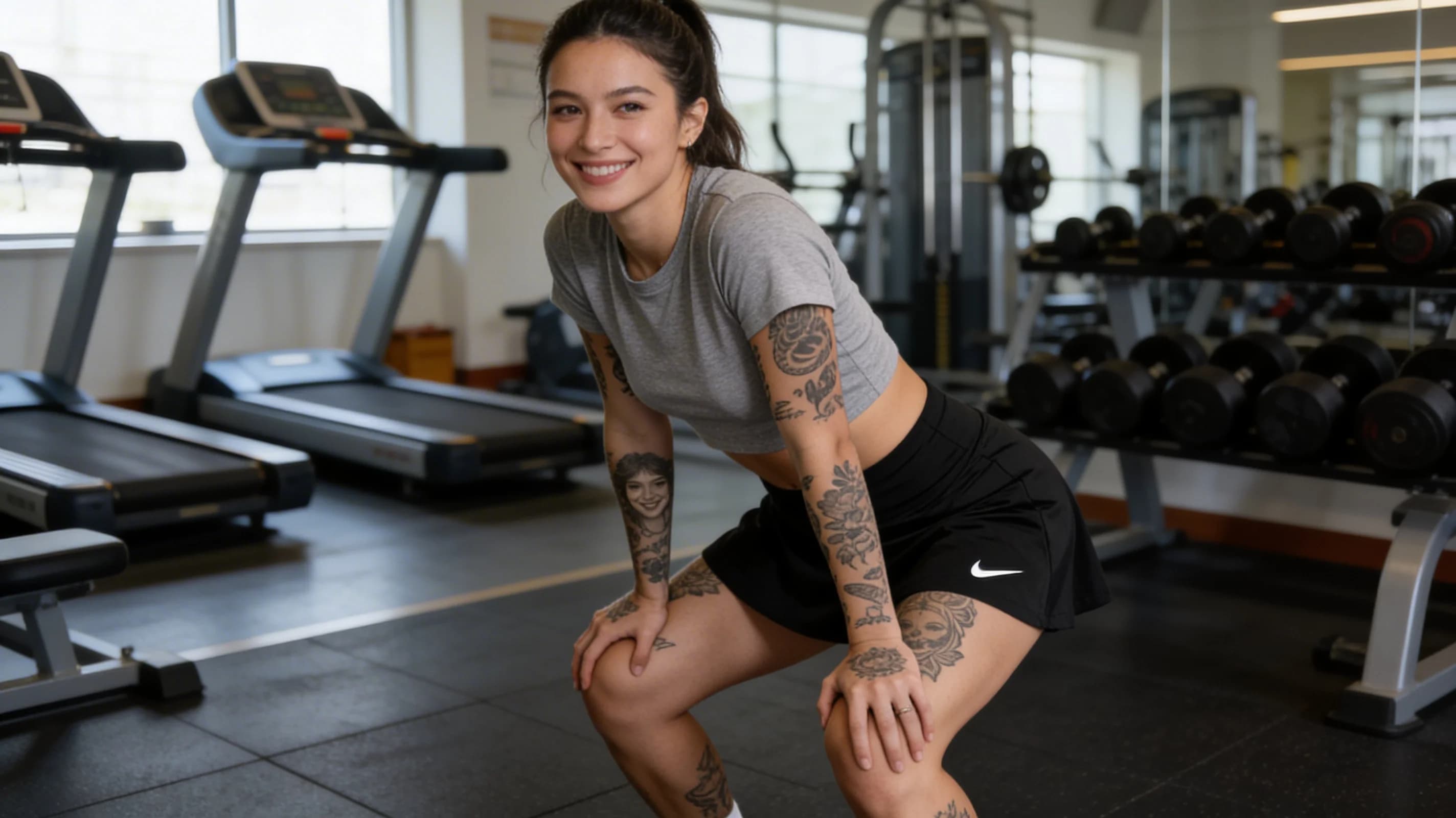 Wearing short black tennis skirt and a crop top shirt, portrait picture, looking at the viewer with a smile, wearing a fashionable mini skirt, kneeling pose, elegant position, tanning on a beach lounger, with artistic tattoos, wearing a fashionable choker, in a cozy bedroom setting, wearing a stylish bikini on the beach, wearing a stylish fitted jumpsuit, stretching gracefully, squatting position, athletic pose