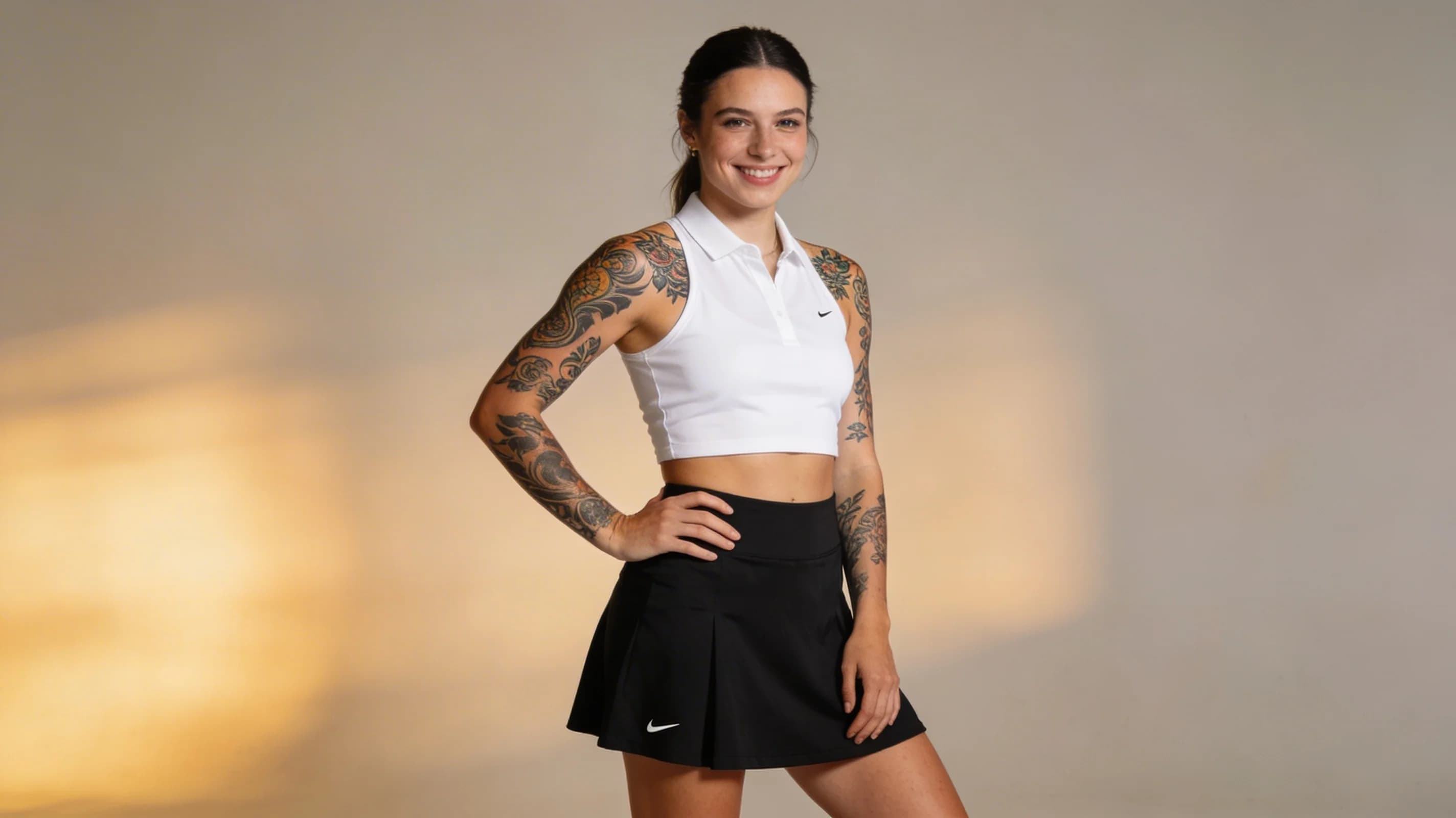 Wearing short black tennis skirt and a crop top shirt, portrait picture, looking at the viewer with a smile, wearing a fashionable mini skirt, kneeling pose, elegant position, tanning on a beach lounger, with artistic tattoos, wearing a fashionable choker, in a cozy bedroom setting, wearing a stylish bikini on the beach, wearing a stylish fitted jumpsuit, stretching gracefully, squatting position, athletic pose