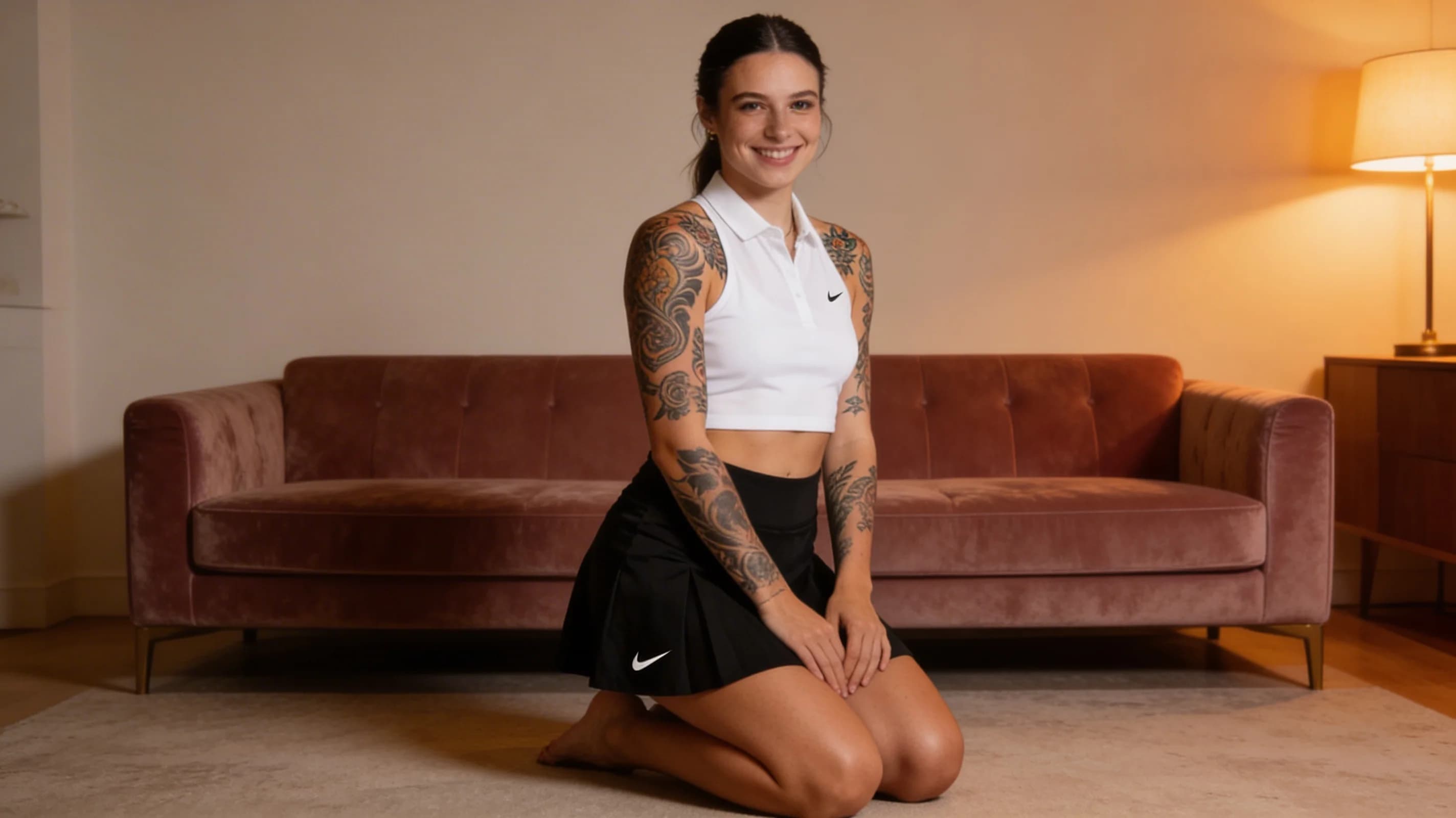 Wearing short black tennis skirt and a crop top shirt, portrait picture, looking at the viewer with a smile, wearing a fashionable mini skirt, kneeling pose, elegant position, tanning on a beach lounger, with artistic tattoos, wearing a fashionable choker, in a cozy bedroom setting, wearing a stylish bikini on the beach, wearing a stylish fitted jumpsuit, stretching gracefully, squatting position, athletic pose