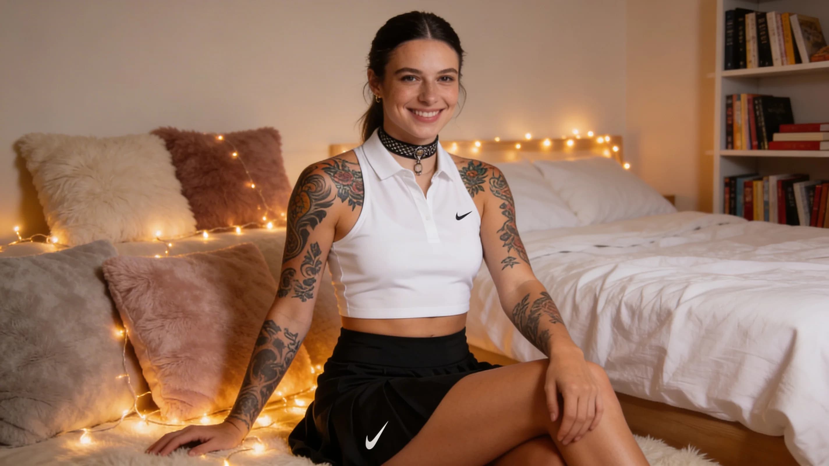 Wearing short black tennis skirt and a crop top shirt, portrait picture, looking at the viewer with a smile, wearing a fashionable mini skirt, kneeling pose, elegant position, tanning on a beach lounger, with artistic tattoos, wearing a fashionable choker, in a cozy bedroom setting, wearing a stylish bikini on the beach, wearing a stylish fitted jumpsuit, stretching gracefully, squatting position, athletic pose