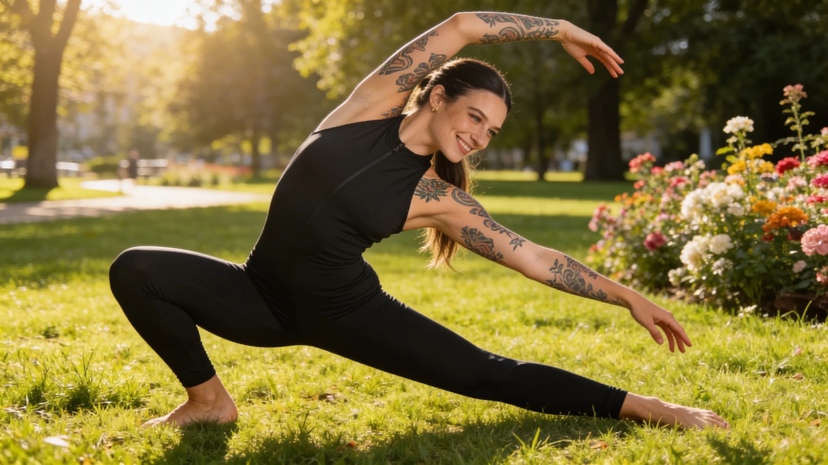 Wearing short black tennis skirt and a crop top shirt, portrait picture, looking at the viewer with a smile, wearing a fashionable mini skirt, kneeling pose, elegant position, tanning on a beach lounger, with artistic tattoos, wearing a fashionable choker, in a cozy bedroom setting, wearing a stylish bikini on the beach, wearing a stylish fitted jumpsuit, stretching gracefully, squatting position, athletic pose
