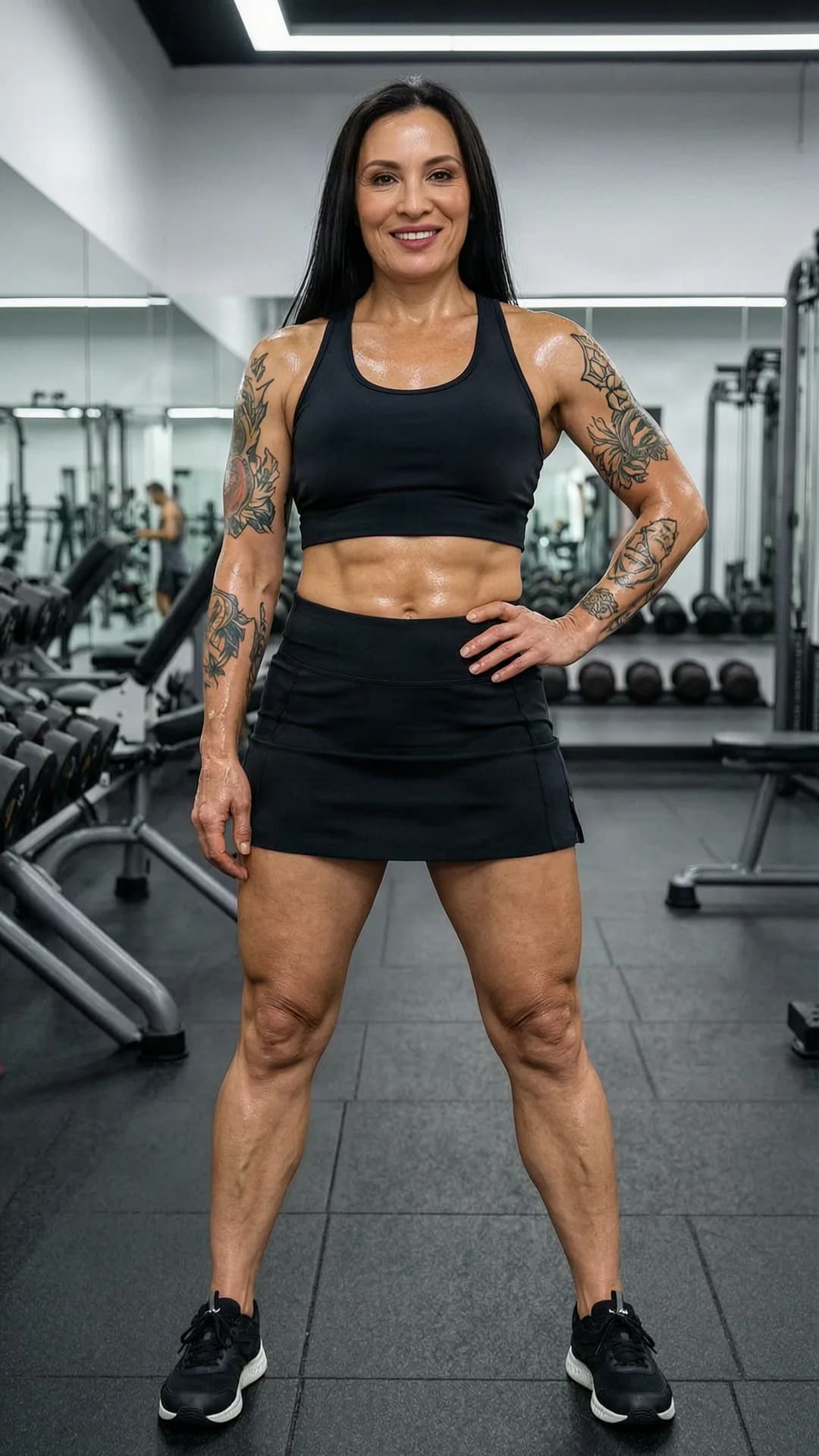 A 49-year-old Asian woman with a muscular body, straight black hair, brown eyes, and artistic tattoos, wearing a short black tennis skirt and a tight crop top shirt, standing confidently in a full body shot at a modern gym during an athletic workout, legs slightly apart in a strong stance with one hand on her hip, sweat glistening on her toned skin, direct eye contact with the viewer and a warm confident smile, lips parted slightly, full body frontal angle at eye level, bright gym lighting with mirrors in the background, realistic style, Flawless anatomy, no extra digits, no extra limbs, realistic skin texture, high-detail.