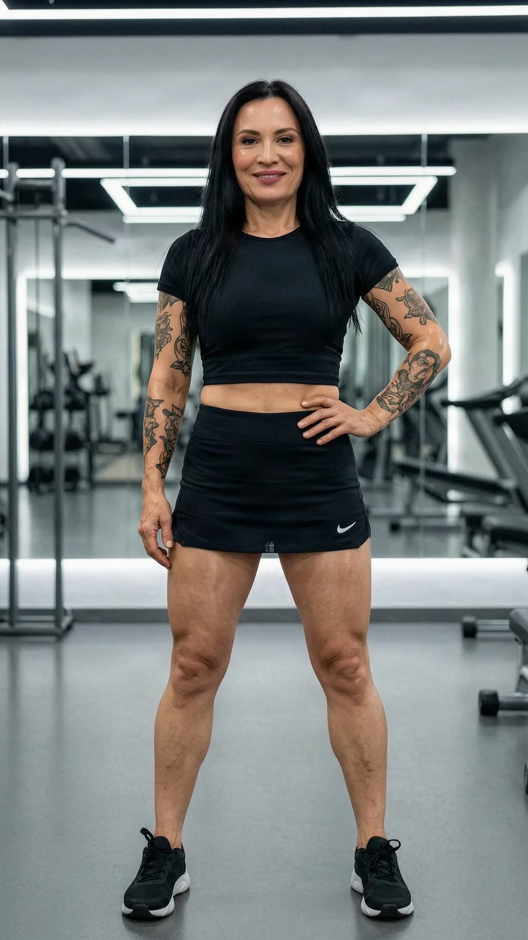 A 49-year-old Asian woman with a muscular body, straight black hair, brown eyes, and artistic tattoos, wearing a short black tennis skirt and a tight crop top shirt, standing confidently in a full body shot at a modern gym during an athletic workout, legs slightly apart in a strong stance with one hand on her hip, sweat glistening on her toned skin, direct eye contact with the viewer and a warm confident smile, lips parted slightly, full body frontal angle at eye level, bright gym lighting with mirrors in the background, realistic style, Flawless anatomy, no extra digits, no extra limbs, realistic skin texture, high-detail.