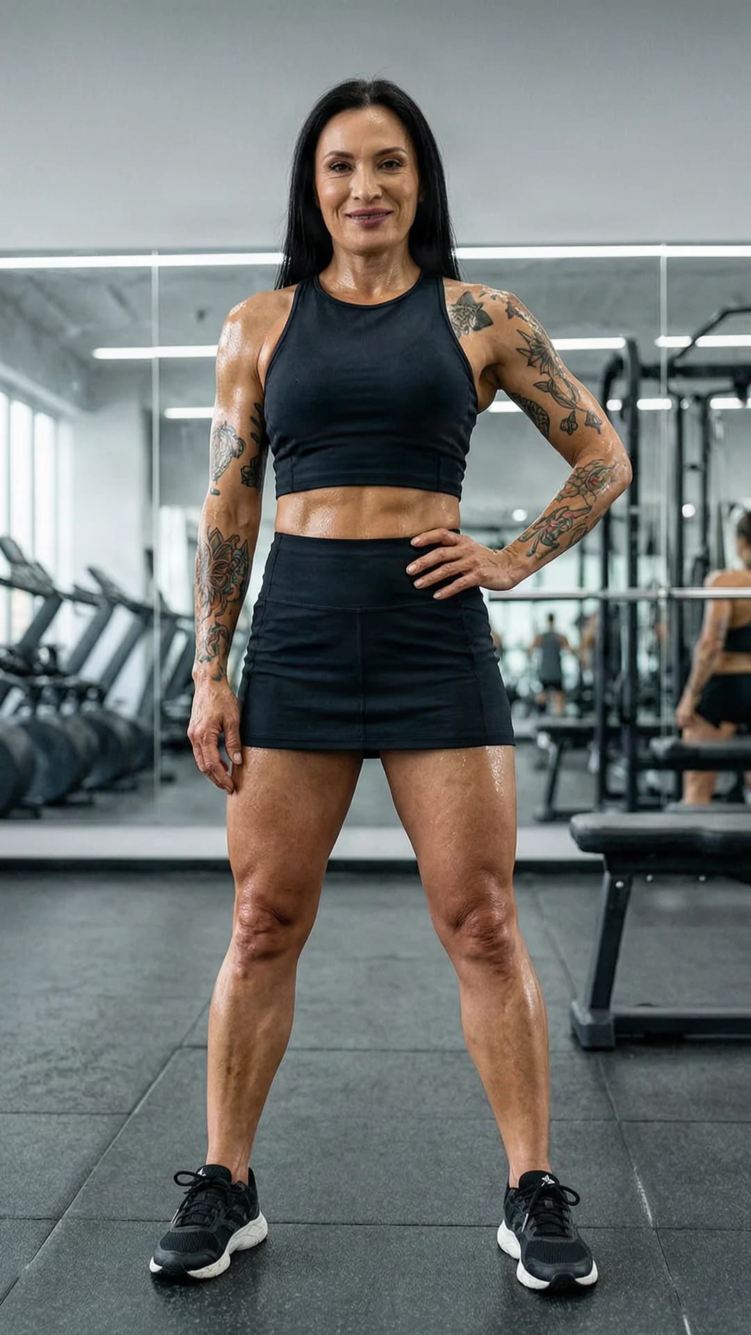 A 49-year-old Asian woman with a muscular body, straight black hair, brown eyes, and artistic tattoos, wearing a short black tennis skirt and a tight crop top shirt, standing confidently in a full body shot at a modern gym during an athletic workout, legs slightly apart in a strong stance with one hand on her hip, sweat glistening on her toned skin, direct eye contact with the viewer and a warm confident smile, lips parted slightly, full body frontal angle at eye level, bright gym lighting with mirrors in the background, realistic style, Flawless anatomy, no extra digits, no extra limbs, realistic skin texture, high-detail.