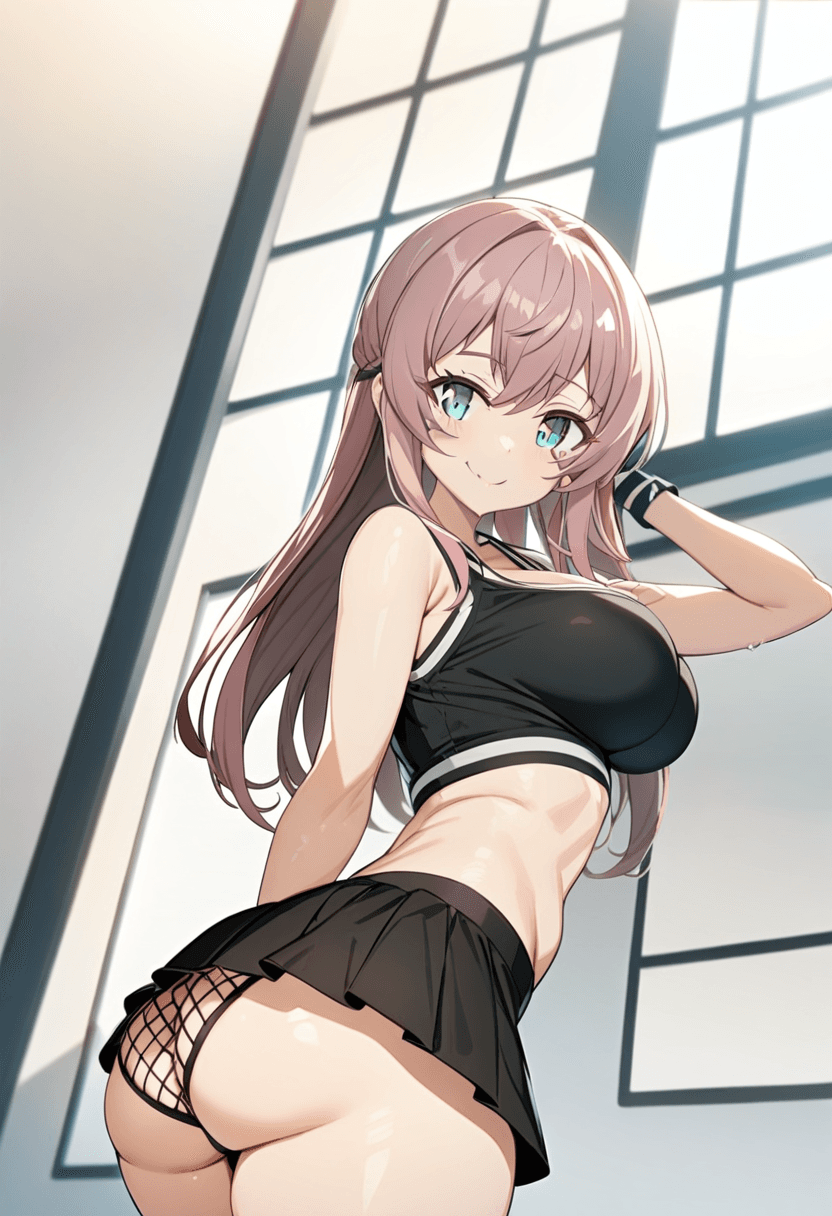 Wearing short black tennis skirt and a crop top shirt, and fishnet, with ass and big boobs