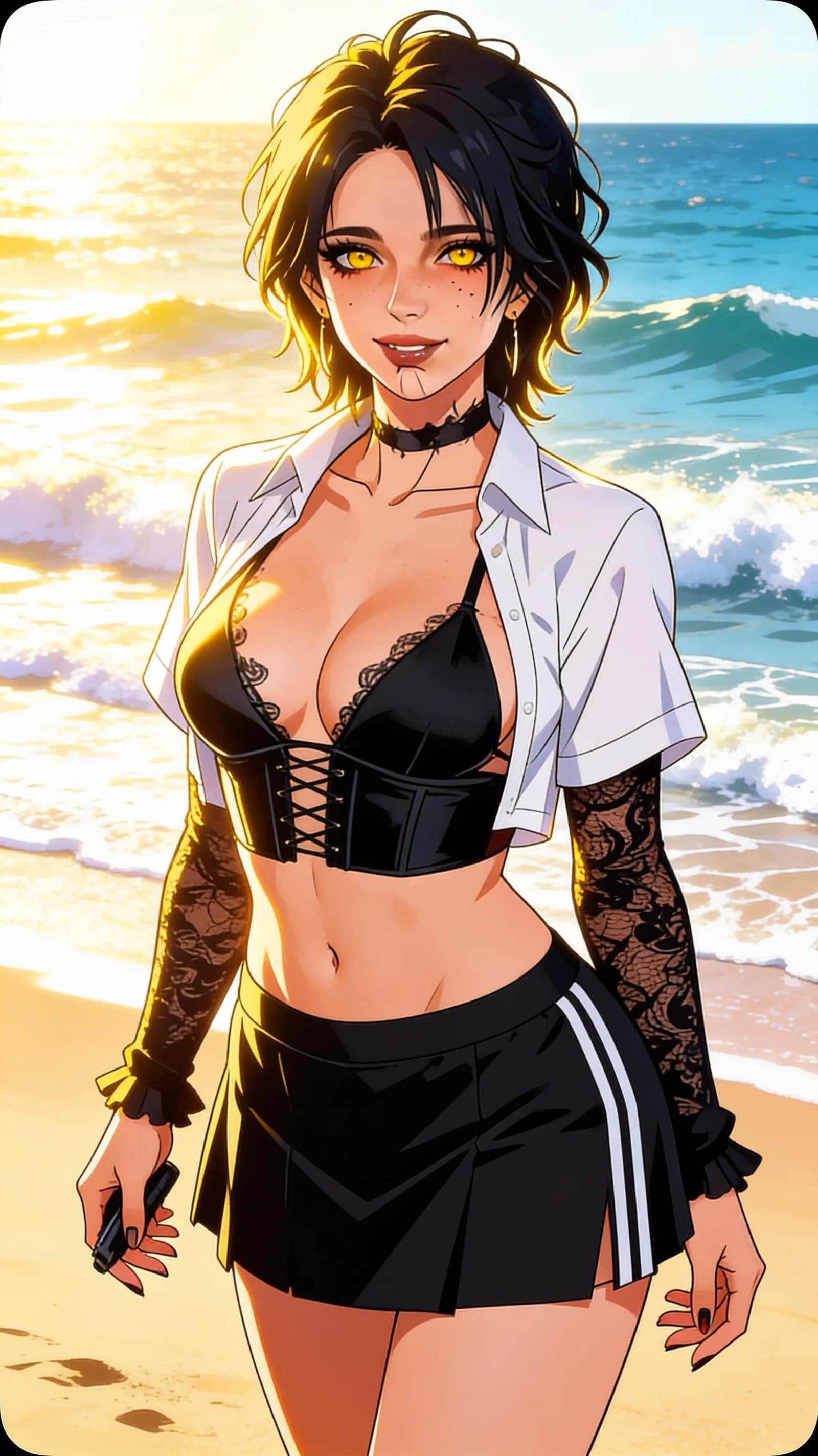 anime style, 2D cel-shaded anime illustration, anime key visual, flat cel shading, clean bold line art, vibrant saturated colors, large detailed expressive anime eyes with crisp catchlights, flat 2D rendering, not photorealistic, not 3D render, 28-year-old caucasian woman with short black hair, yellow eyes and fit body type, wearing a stylish black bikini top with corset detail and lace sleeves under a cropped white shirt paired with a short black tennis skirt, gothic makeup accentuating her features, standing on a sunny beach with ocean waves behind her, waist-up vertical portrait composition centered in frame, front-facing eye-level camera angle, direct eye contact with the viewer and a bright cheerful smile, lips gently parted, soft golden-hour sunlight casting warm rim lighting and vibrant highlights across her skin and clothing folds, playful confident mood, detailed anime cel shading, crisp clean linework, correct anatomy, hands cleanly drawn with five fingers, studio-quality anime key visual; avoid: photorealistic, 3D render, extra fingers, deformed hands, blurry, low detail.