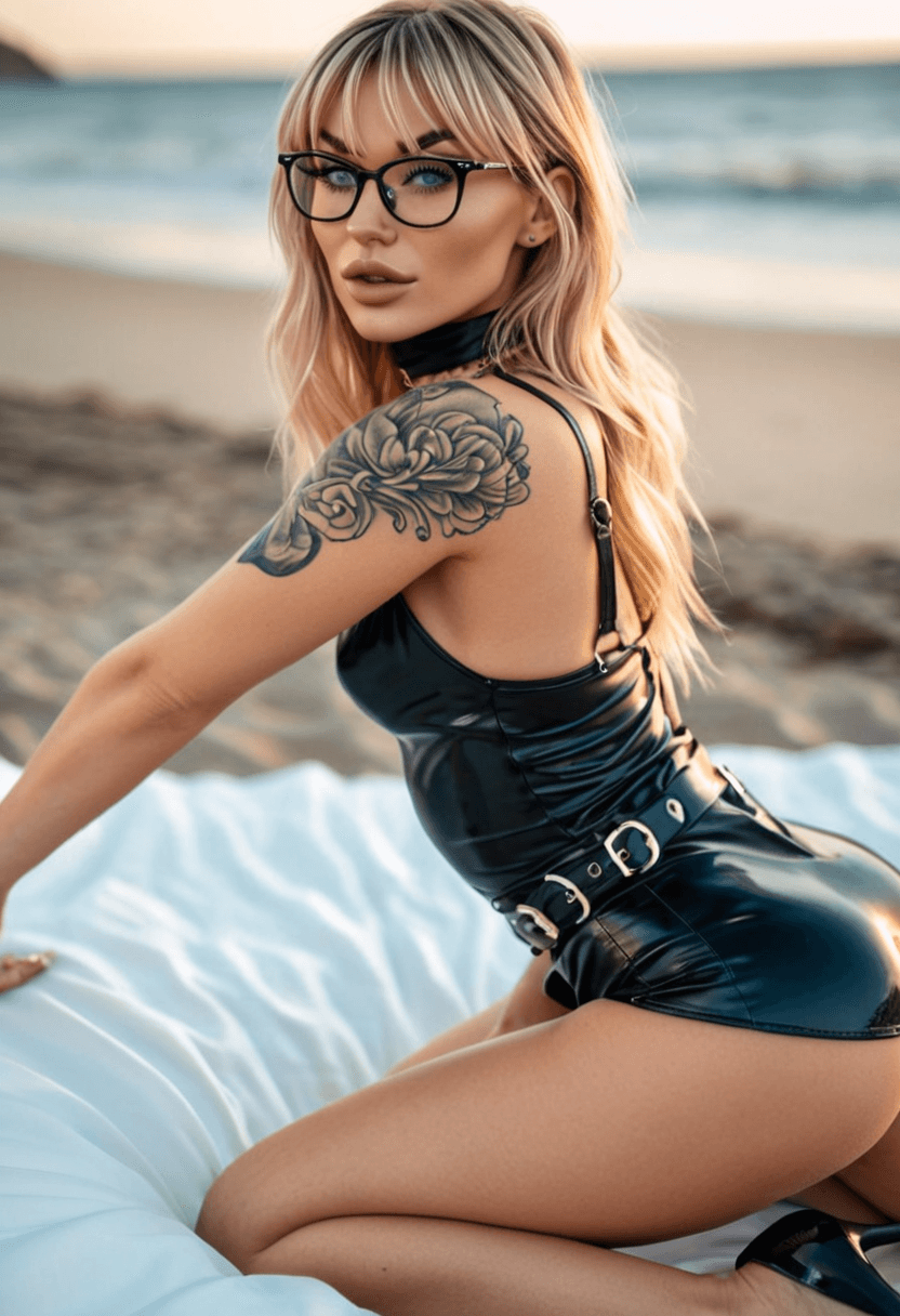 Woman in a 'fuck me' pose on the bed, wearing only high heels, arching her back, presenting her ass to the camera, detailed anus and vulva, bedroom setting, direct and inviting gaze, explicit pornographic photoshoot, on a sunny beach with ocean waves, wearing a sleek latex skirt, stretching gracefully, dining at an elegant restaurant, wearing stylish glasses, with artistic tattoos, wearing a fashionable choker, at an upscale restaurant