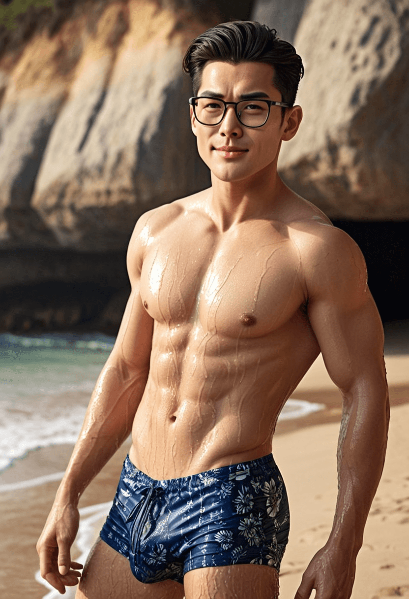 Man at the beach wearing very tight, wet swim shorts, showing a clear and detailed dick print, confident and sexy pose, sun-kissed muscular body, explicit beach photography