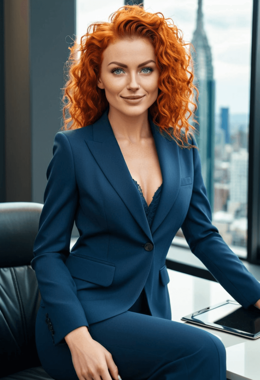 Confident businesswoman in tailored navy blue power suit, sitting at executive desk in modern corner office, city skyline view through floor-to-ceiling windows, professional headshot style, warm smile, holding tablet, sophisticated makeup and styled hair