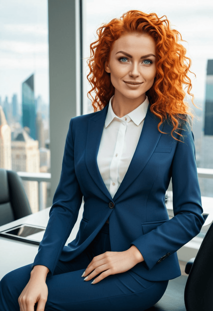 Confident businesswoman in tailored navy blue power suit, sitting at executive desk in modern corner office, city skyline view through floor-to-ceiling windows, professional headshot style, warm smile, holding tablet, sophisticated makeup and styled hair