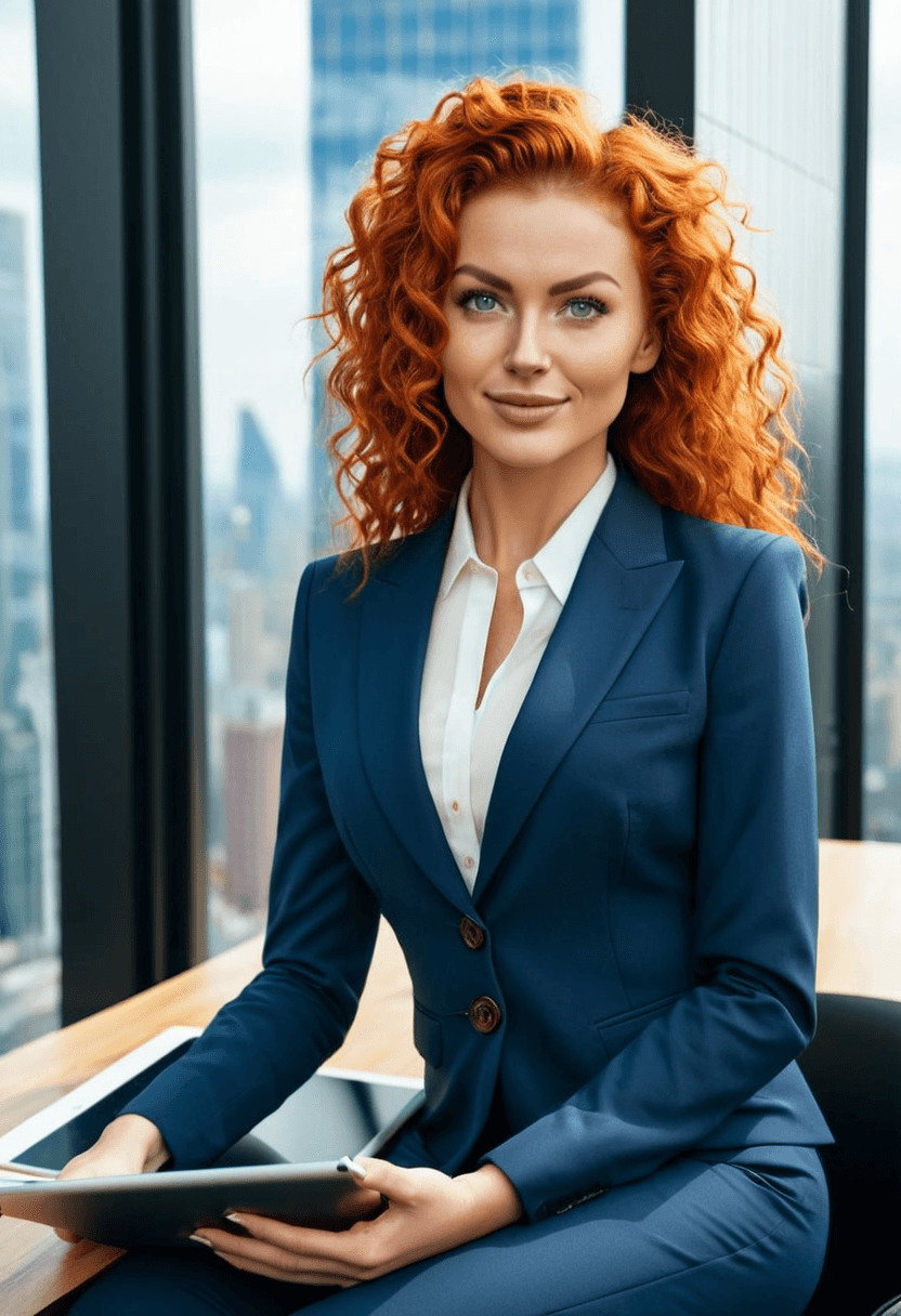Confident businesswoman in tailored navy blue power suit, sitting at executive desk in modern corner office, city skyline view through floor-to-ceiling windows, professional headshot style, warm smile, holding tablet, sophisticated makeup and styled hair