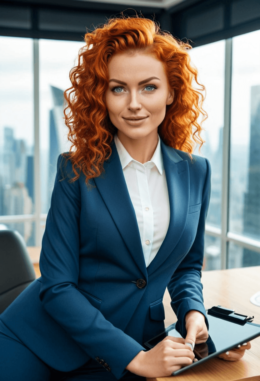 Confident businesswoman in tailored navy blue power suit, sitting at executive desk in modern corner office, city skyline view through floor-to-ceiling windows, professional headshot style, warm smile, holding tablet, sophisticated makeup and styled hair