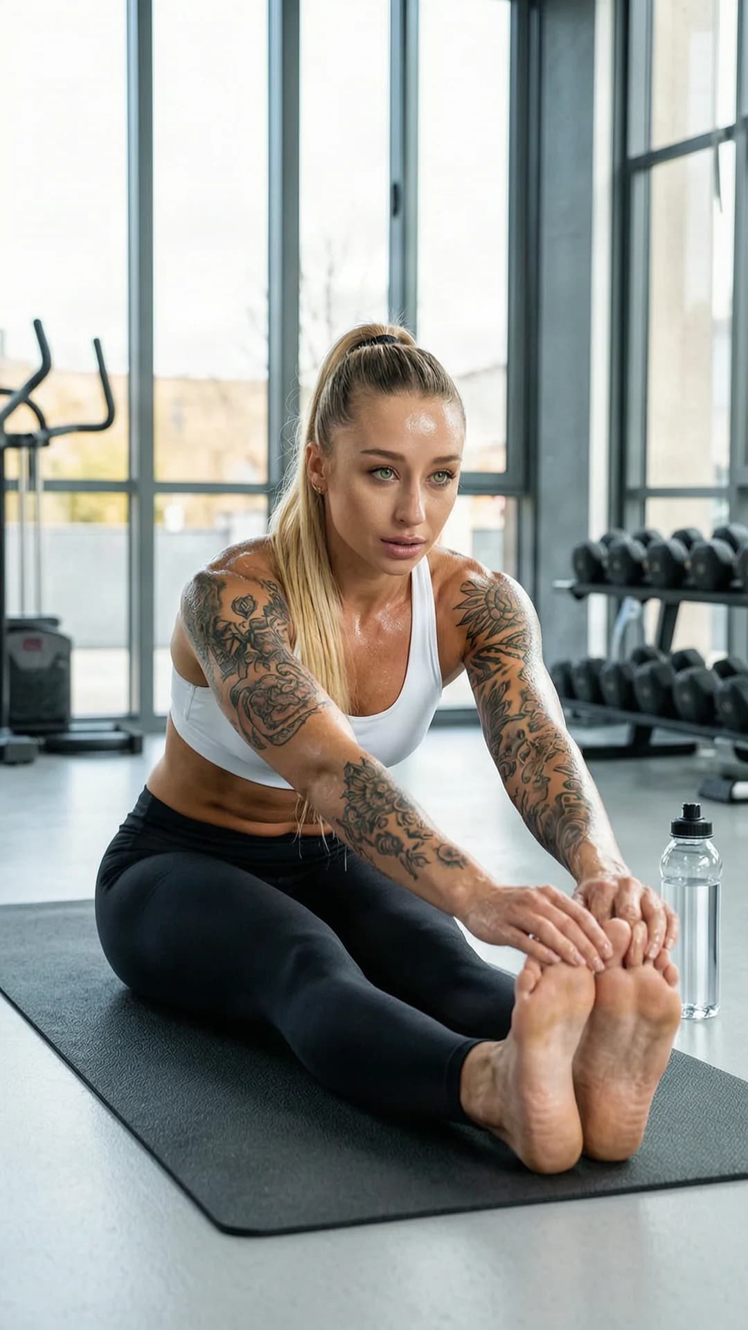 A 24-year-old Caucasian muscular woman with blonde hair in a tight ponytail, piercing green eyes, visible intricate tattoos on her toned arms and shoulders, and a powerfully athletic build, captured in a modern gym setting with natural daylight streaming through large windows, wearing form-fitting black yoga pants and a supportive white sports bra that accentuates her defined abs and muscular physique, holding a deep forward-fold stretching pose on a black yoga mat with legs straight and hands reaching toward her feet, water bottle placed nearby on the floor, direct intense eye contact with focused determination and motivational energy, lips slightly parted from exertion, sweat glistening on her skin highlighting muscle tension and vascular definition, realistic fitness photography style with motivational healthy lifestyle atmosphere, flawless anatomy, no extra digits, no extra limbs, realistic skin texture, high-detail.