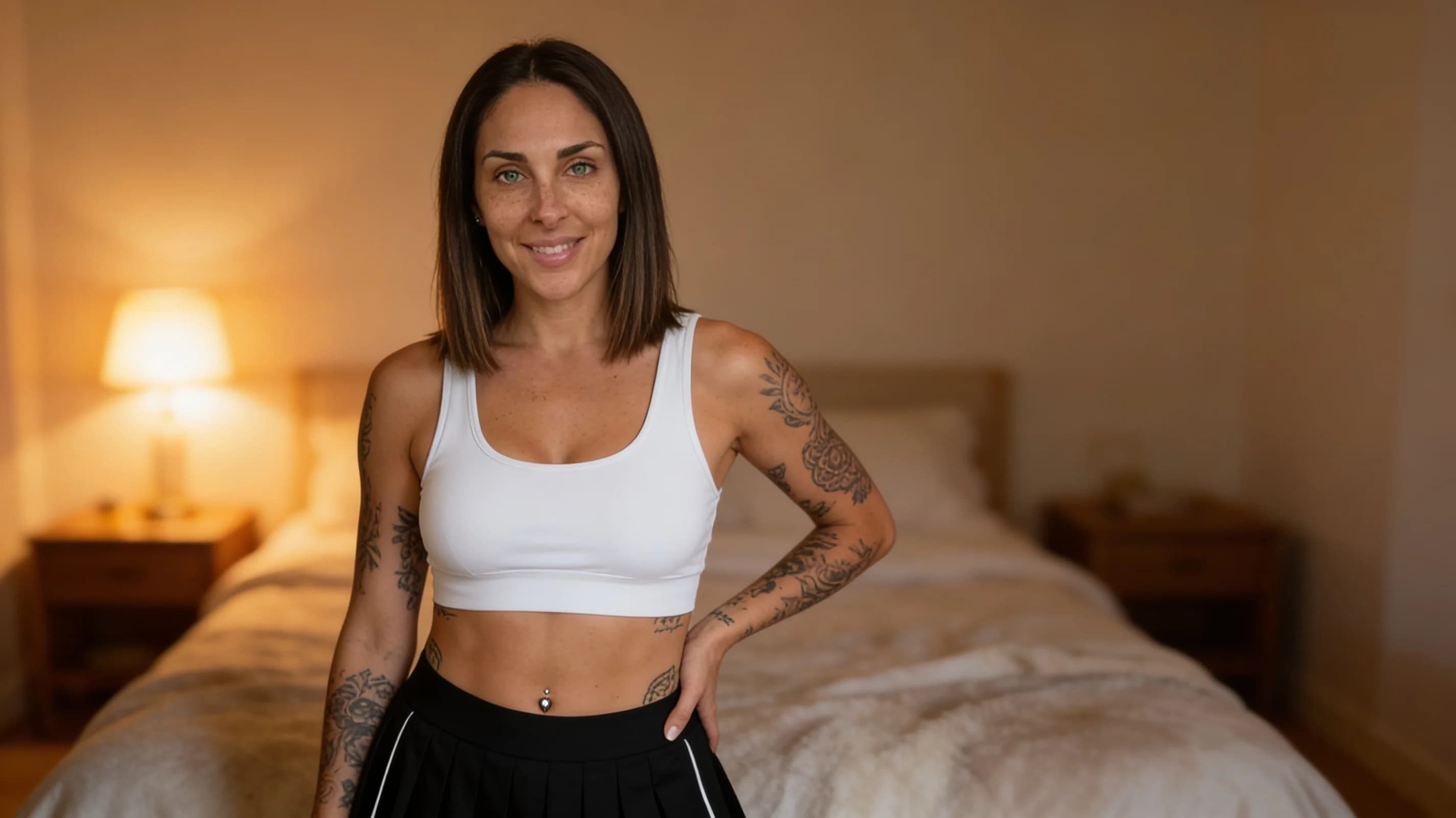 A 37-year-old Caucasian woman with a fit toned body, straight shoulder-length brunette hair, vibrant green eyes, scattered freckles across her cheeks and nose, a shiny belly button piercing, and visible intricate tattoos along her arms and hips, wearing a short black tennis skirt that sits high on her thighs and a tight white crop top shirt exposing her midriff, standing in a cozy bedroom with soft warm ambient lighting, plush bedding and wooden nightstands in the soft-focus background, captured in a front-facing medium close-up portrait from eye level with a gentle genuine smile and direct warm eye contact toward the viewer, relaxed confident pose with one hand lightly resting on her hip, natural skin sheen and subtle muscle definition visible, cinematic soft focus and inviting mood, Flawless anatomy, no extra digits, no extra limbs, realistic skin texture, high-detail.
