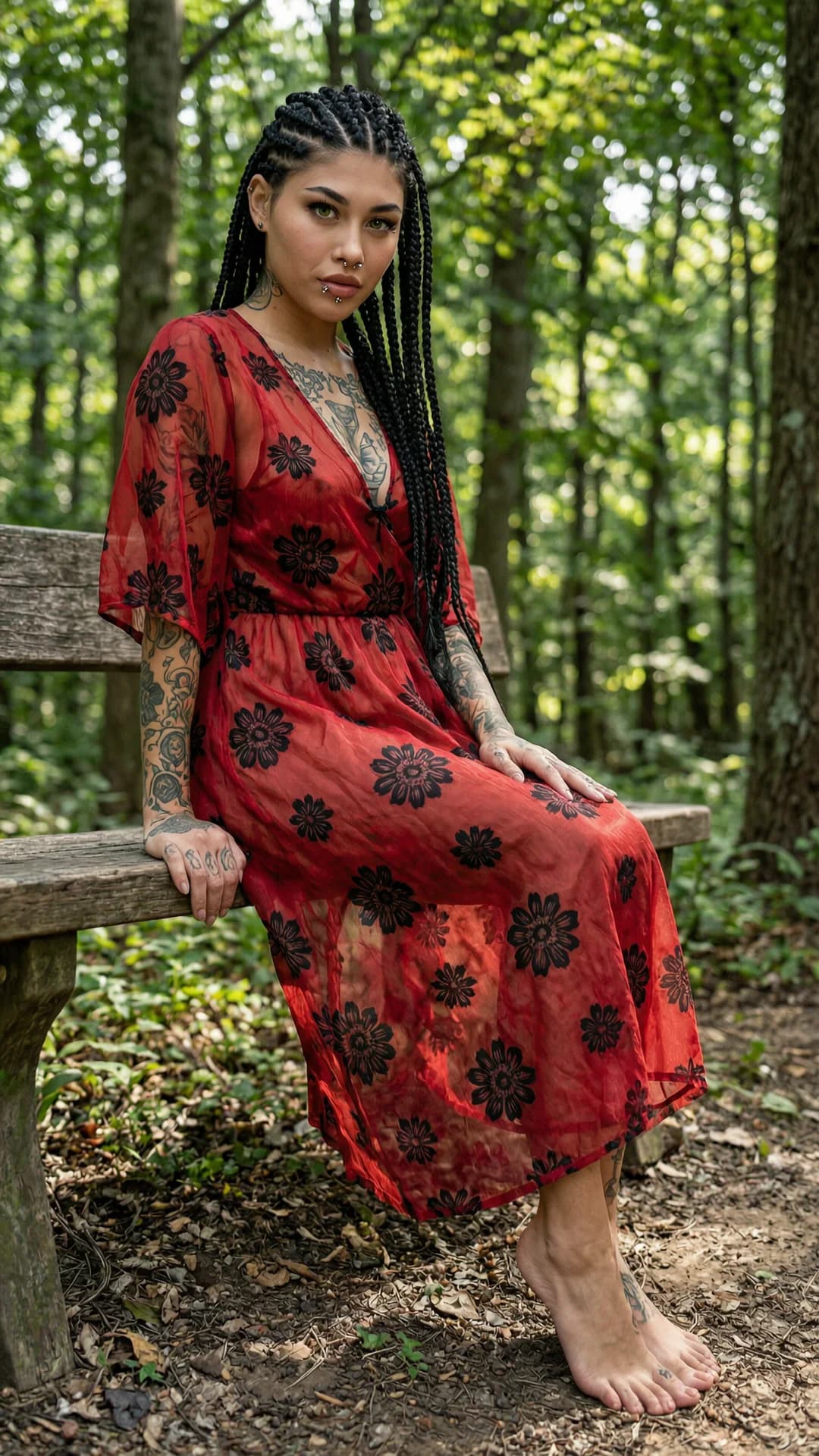 22-year-old Latina woman with skinny body type, long black braids, piercing green eyes, intricate tattoos across her skin and prominent nipple piercings, wearing a sheer long red Boho summer dress with black flower print that transparently clings to her bare breasts and pierced nipples with no underwear beneath, bare feet planted on the ground, standing against a wooden bench in a secluded wooded park trail setting with dappled sunlight filtering through dense trees, body leaning back against the bench with hips tilted forward and legs slightly parted, intense direct eye contact with seductive lust and lips parted, medium close-up from a front-low angle, explicit anatomical detail showing visible nipple piercings through sheer fabric, subtle skin sheen and tension, nsfw, Flawless anatomy, no extra digits, no extra limbs, realistic skin texture, high-detail.