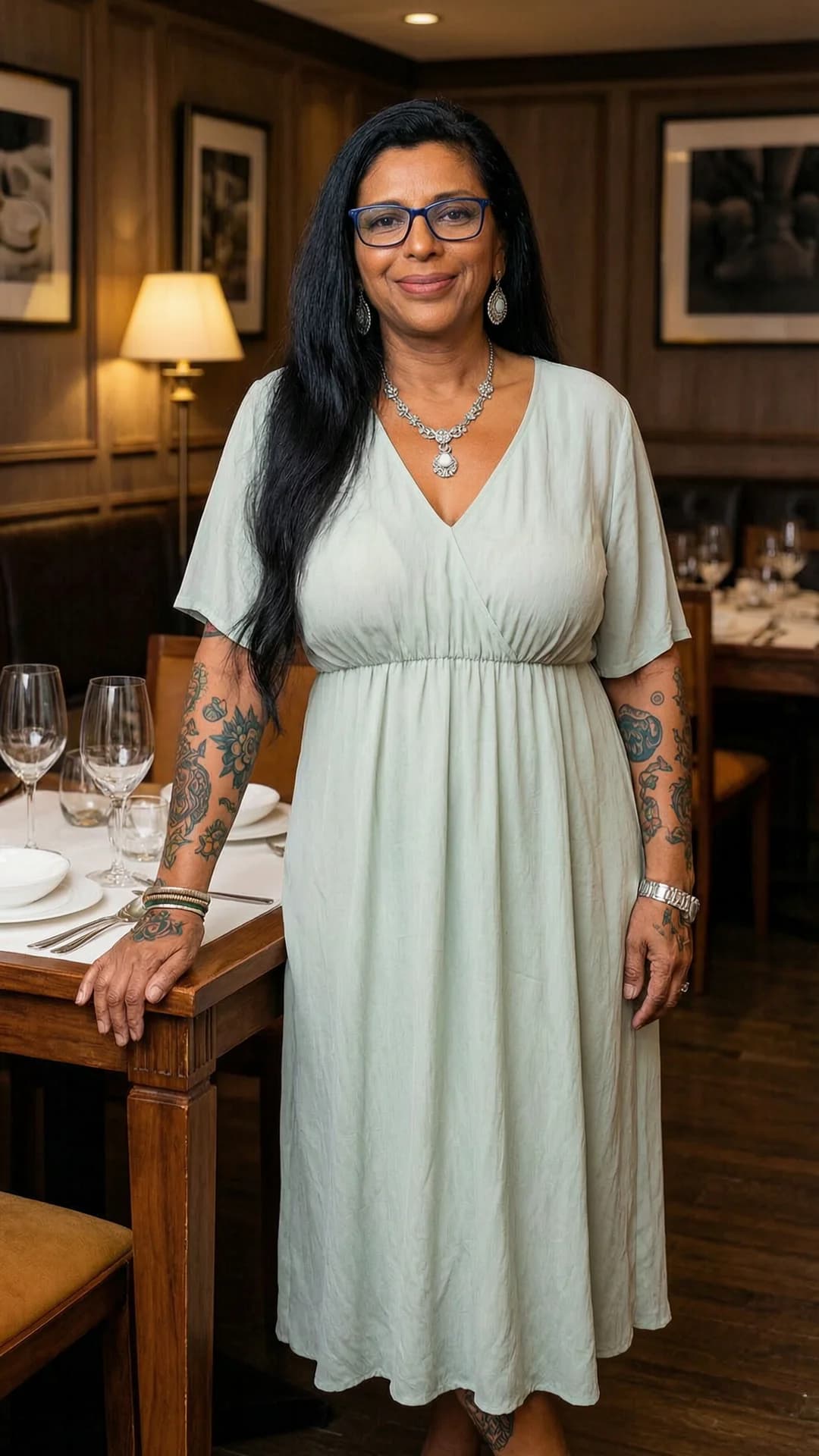 60-year-old Indian woman with straight black hair, blue eyes, chubby body type, artistic tattoos visible on her arms and legs, wearing stylish glasses, beautiful earrings and an elegant necklace, dressed in a light flowy summer dress that drapes over her curves, standing confidently in a full body shot beside an elegant dining table at an upscale restaurant, direct eye contact with the viewer and a warm confident smile, soft ambient restaurant lighting highlighting skin texture and fabric folds, poised posture with one hand resting on the table, flawless anatomy, no extra digits, no extra limbs, realistic skin texture, high-detail.