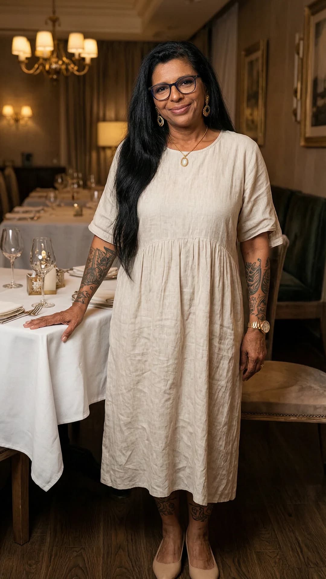 60-year-old Indian woman with straight black hair, blue eyes, chubby body type, artistic tattoos visible on her arms and legs, wearing stylish glasses, beautiful earrings and an elegant necklace, dressed in a light flowy summer dress that drapes over her curves, standing confidently in a full body shot beside an elegant dining table at an upscale restaurant, direct eye contact with the viewer and a warm confident smile, soft ambient restaurant lighting highlighting skin texture and fabric folds, poised posture with one hand resting on the table, flawless anatomy, no extra digits, no extra limbs, realistic skin texture, high-detail.