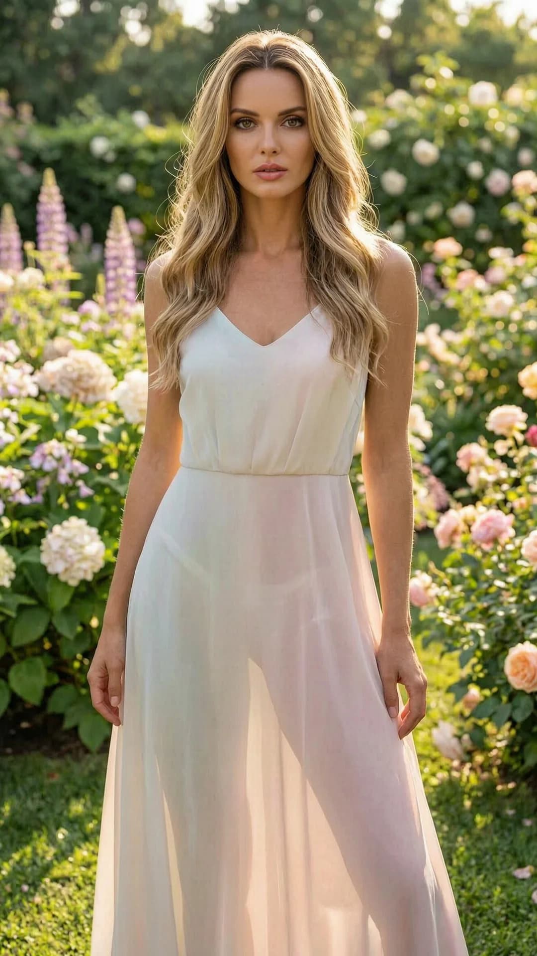 28-year-old Caucasian woman with long wavy blonde hair, hazel eyes, slim body, radiant skin and seductive gaze, standing confidently in a beautiful garden with flowers wearing a light flowy summer dress, full body shot from eye-level camera angle with intense direct eye contact and seductive lust lips parted, relaxed elegant pose with graceful body positioning, soft natural daylight highlighting her features and creating subtle skin sheen on her slim physique, realistic style with detailed fabric textures, Flawless anatomy, no extra digits, no extra limbs, realistic skin texture, high-detail.